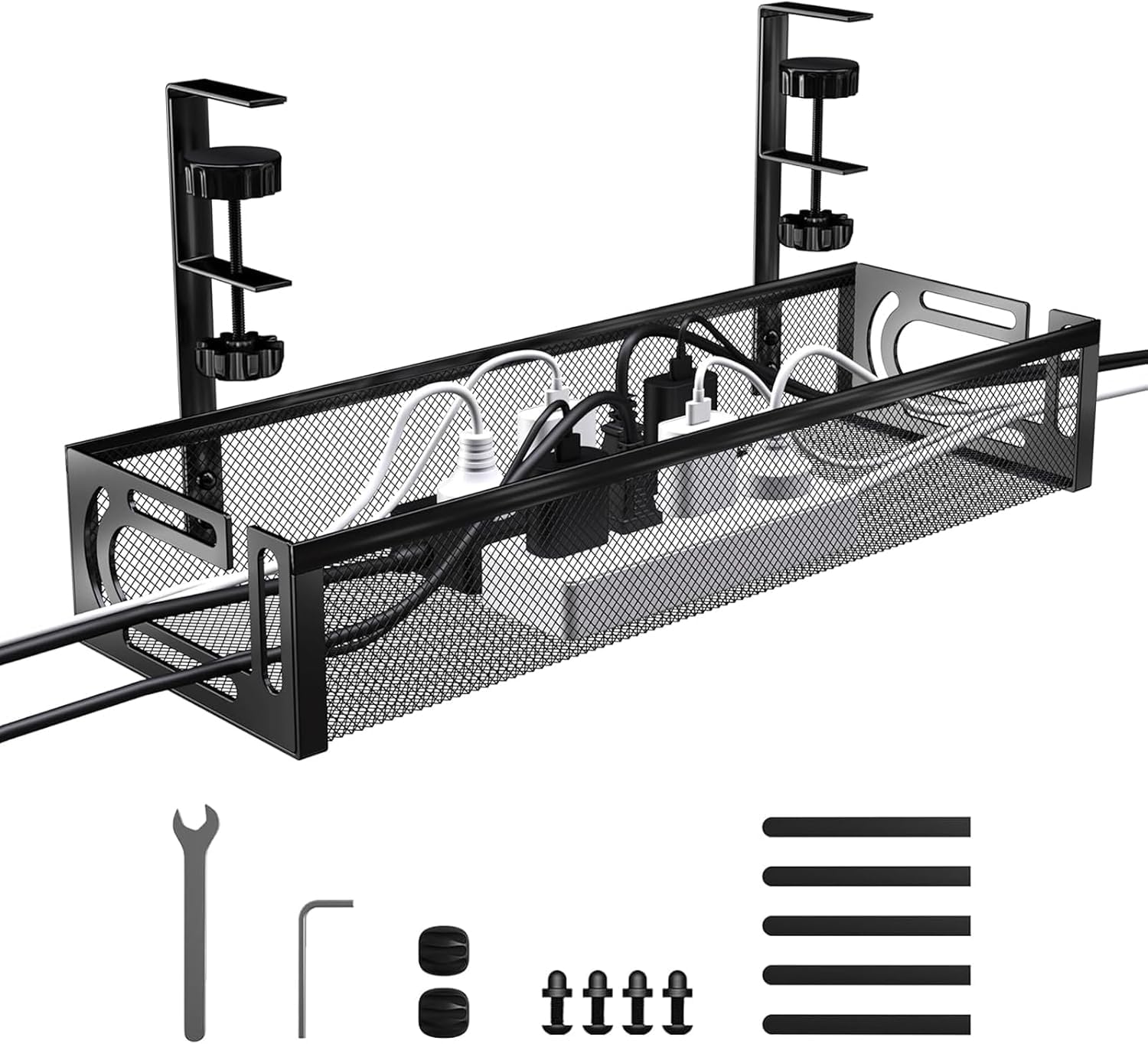 ABJA Under Desk Cable Management Tray, Wire Organiser for Table, Cable Organiser for Desk, No Drill Metal Mesh Tray with Clamps, Includes Ties & Cable Clips for Home/Office (Black 1, 39 x 12 x 7 cm)