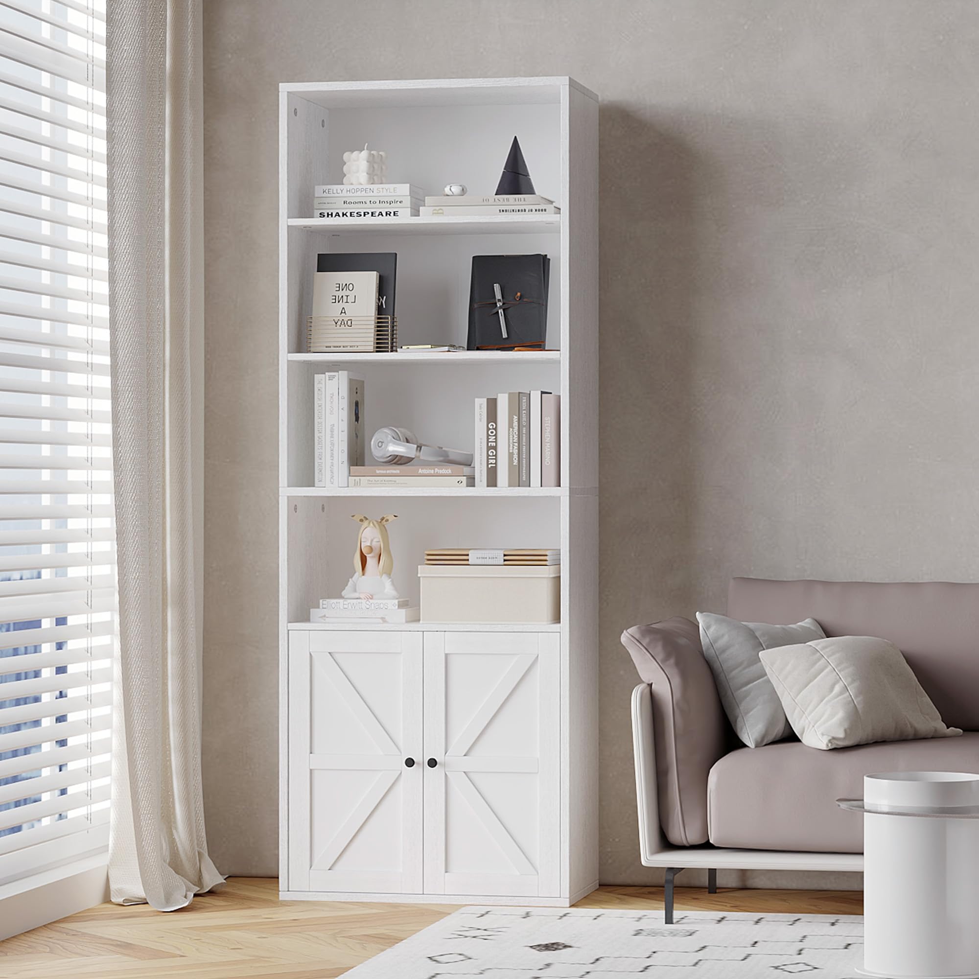 Librería Alta con Puertas de Estilo Granero, Estantería Rústica con 4 Niveles Abiertos y Armario, para Oficina, Estudio, Salón y Dormitorio, Blanco, 60x30x181cm