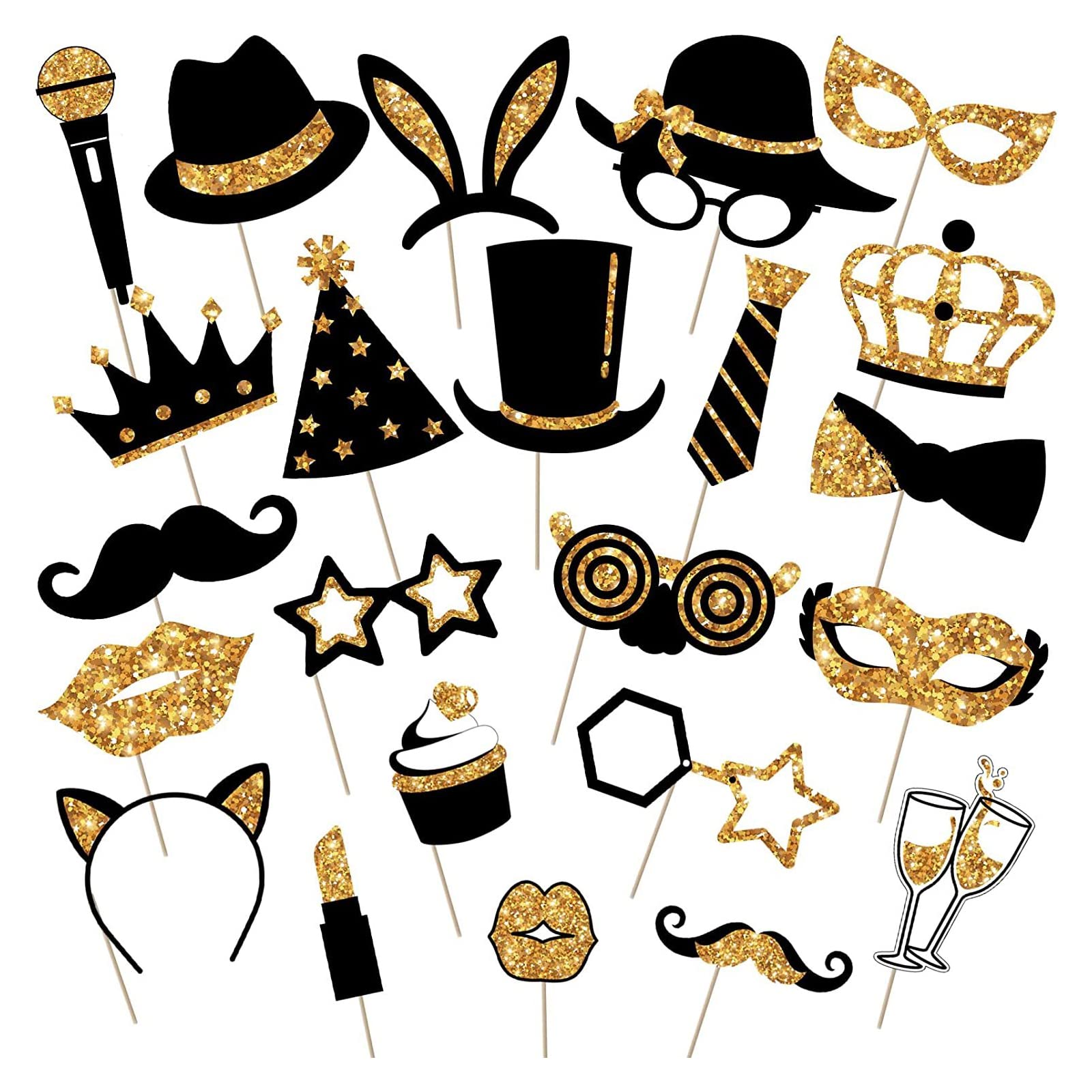 24 Piezas Foto Props de Fiesta de Sombreros, DIY Photo Booth Props,Accesorios Photocall para Fiesta Cumpleaños Boda Comunión Navidad, (Oro)