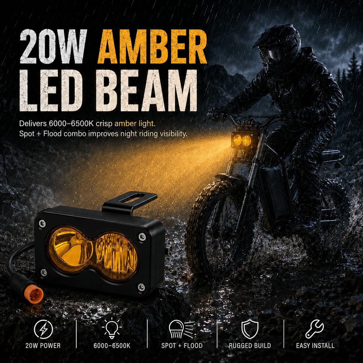 Upgrade LED Baja Headlight for Ridstar Q20/Q20 Lite/Q20 Pro,20W 6000-6500K Waterproof 3-Pin Plug and Play w/Mount Bracket,Amber High Beam Light
