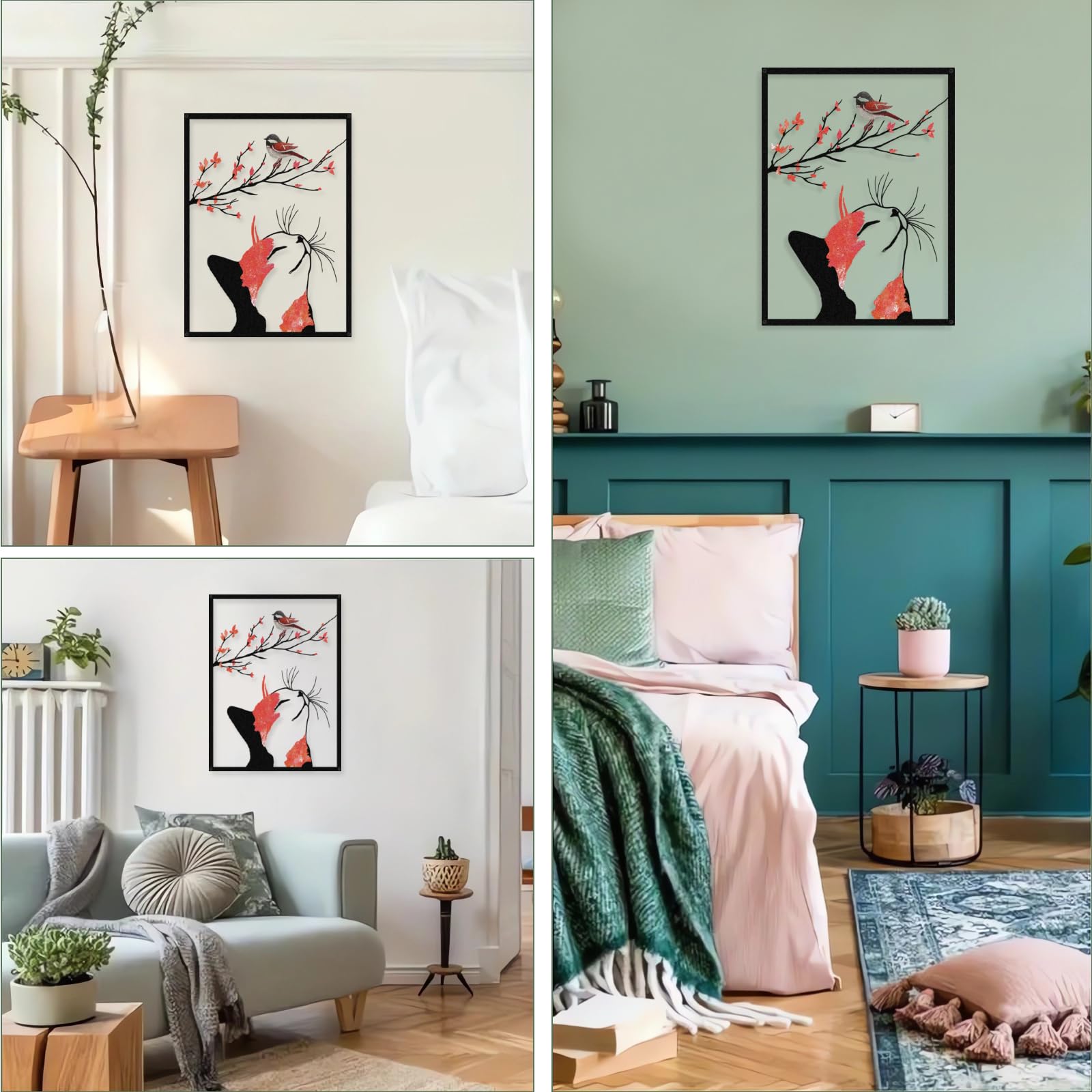 Luccyle Decorazione da parete in metallo con gatto, sagoma di gatto, ornamento con sagoma di uccello su un ramo, decorazione da appendere per soggiorno e camera da letto