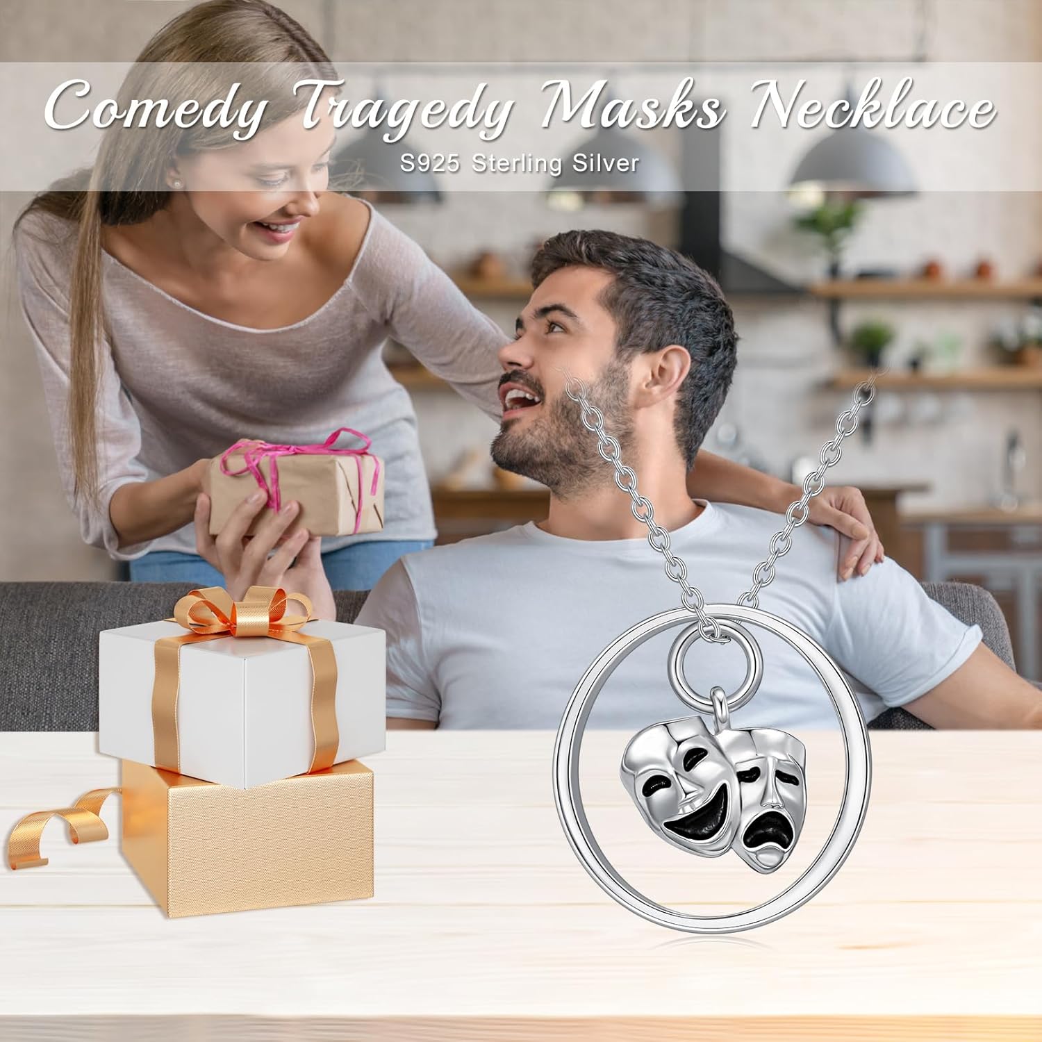 Comedy Tragedy Masks Necklace for Drama Theater, Women Involved in or Appreciative of Theater and Drama, Unisex, Sterling Silver, Necklace - Image 5