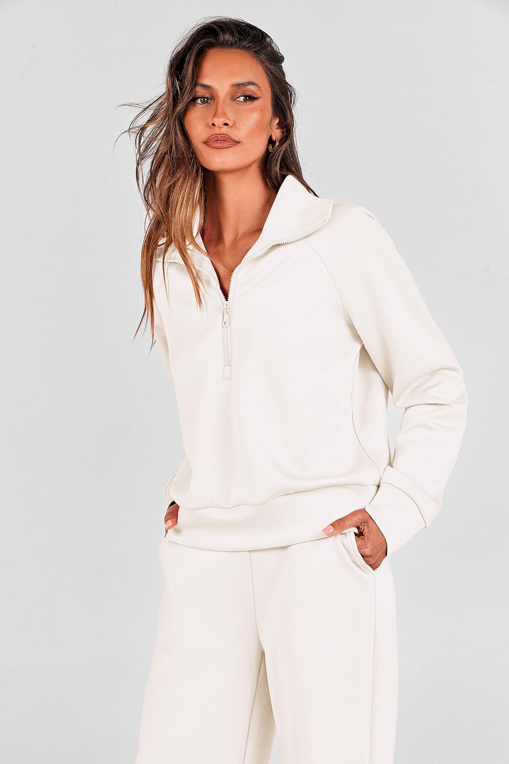 PRETTYGARDEN Women's 2 Piece Outfits Casual Lapel Half Zip Sweatshirts and Wide Leg Pants Tracksuit Sets - Image 3