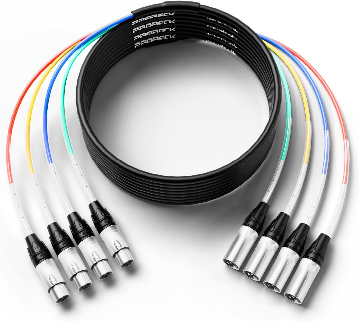 PRORECK25ft Snake Cable, 4-Channel Shielded Audio Cable XLR Male to XLR Female, with Color-Marked Connectors for Professional Stage, Studio, and Live (PR-XLR/XLR-4 * 25)