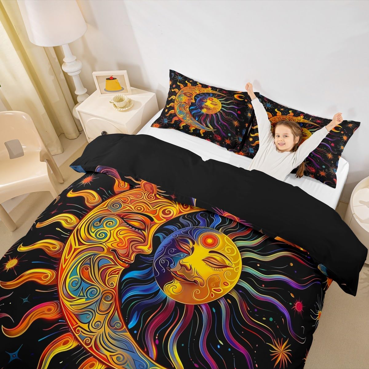 jejeloiu Boys Girls Boho Exotic Comforter Cover Toddler Size, Sun and Moon Duvet Cover Kids Bohemian Bedding Set for Galaxy Teens Bedroom Decor Soft Quilt Cover 2Pcs (No Comforter)