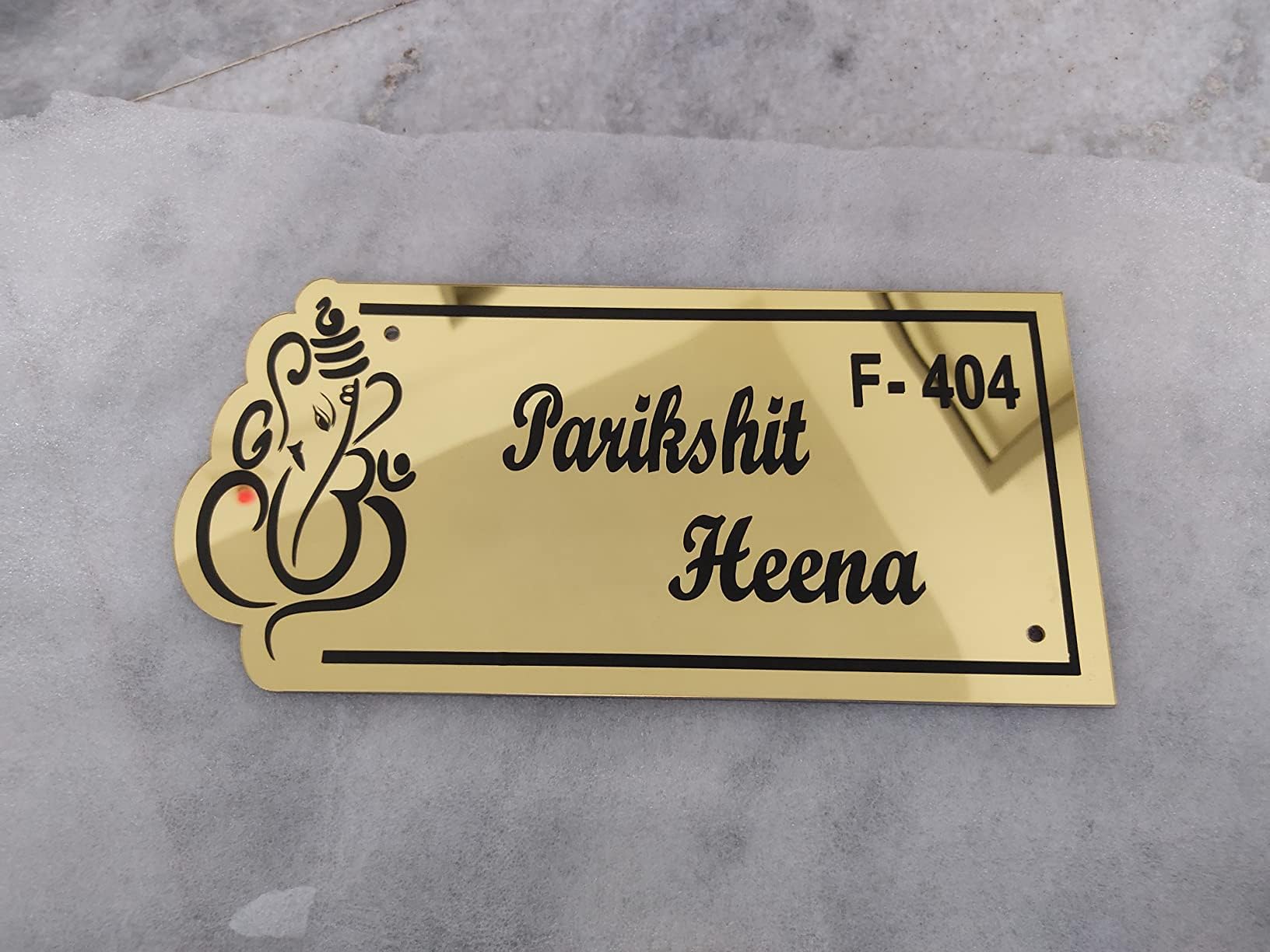 SIGNOOGLE Acrylic Ganesha Customized Home Name Plate - Mirror Gold and Black -Size (L X H)- 12 X 6 inch 4