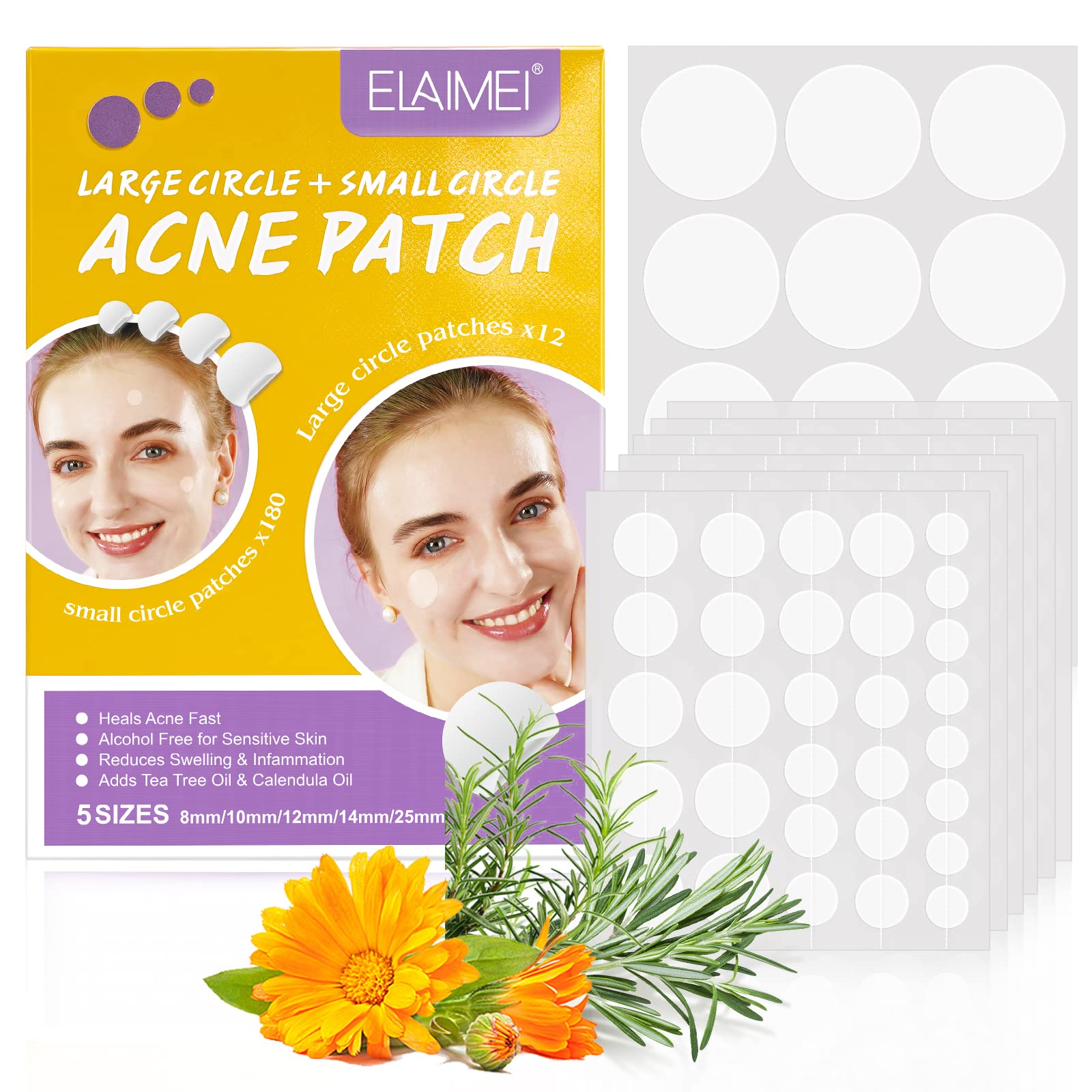 Acne Patch Pimple Patch (192 Pcs), 5 Sizes Acne Absorbing Cover Patch, Hydrocolloid Invisible Acne Patches For Face Zit Patch Acne Dots with Tea Tree Oil, Calendula Oil