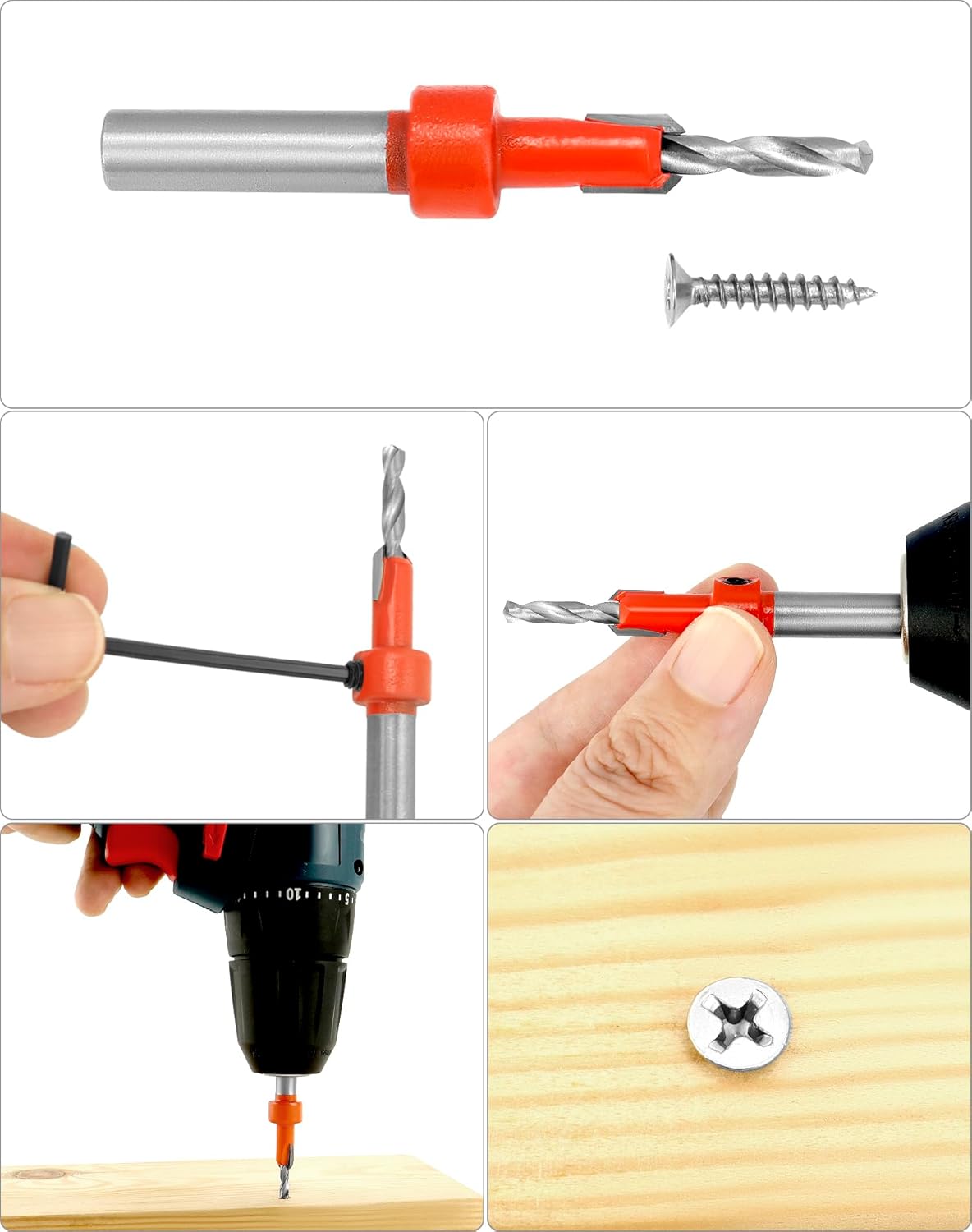 QWORK Wood Countersink Drill Bit Set, 5 Pcs Counter Sinker Drill Bit and 5Pcs Extra Pilot Drill Bit, 5/16" Round Shank, Replaceable Drill Bits and Wrenches