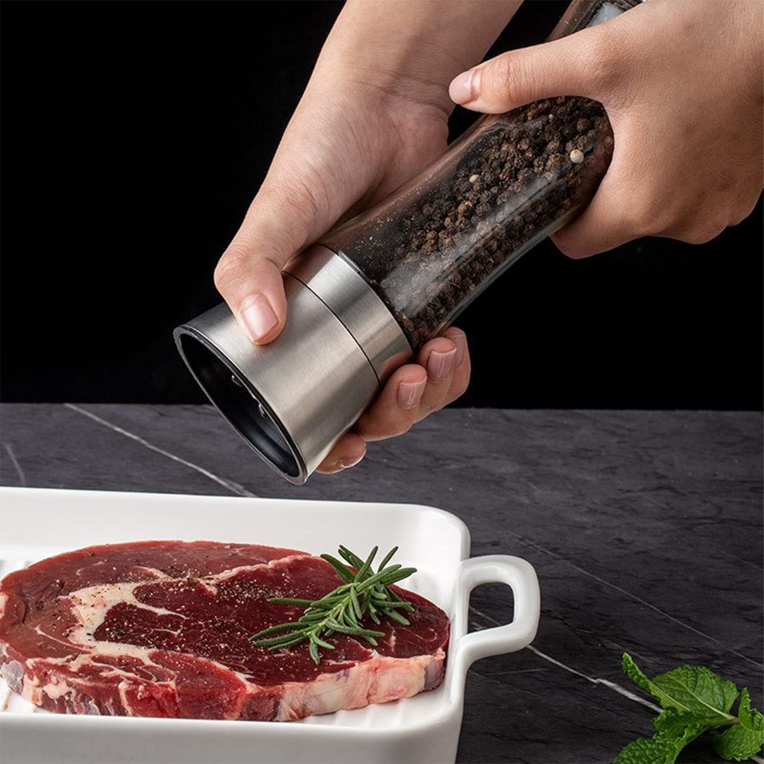 Molinillo de Pimienta y Sal Cuerpo de Vidrio de Acero Inoxidable Cepillado Agitadores de Especias de Viaje Tamaño de Grano Ajustable Tarro Recargable Regalos de Cocina