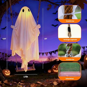Halloween Decorations Outdoor - 5 Ft Large Hanging Swing Ghost Halloween Decor with String Lights - 3D Lighted Bat Spooky Cute Ghosts Decorations Light up Ghost with Scary Ghost Party