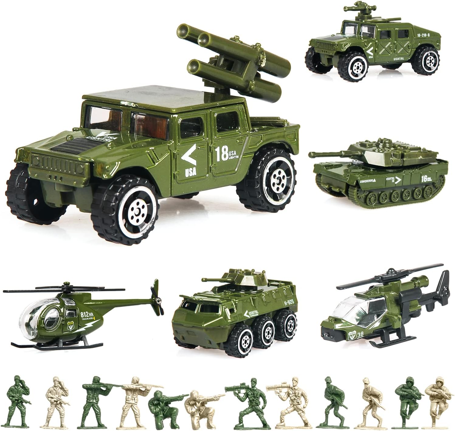 18 Pack Die-cast Military Vehicles Sets - 6 Pack Assorted Alloy Metal Models - 12 Pack Soldier Army Men, Mini Army Toy Tank, Panzer, Anti-Air Vehicle, Helicopter Playset for Boys
