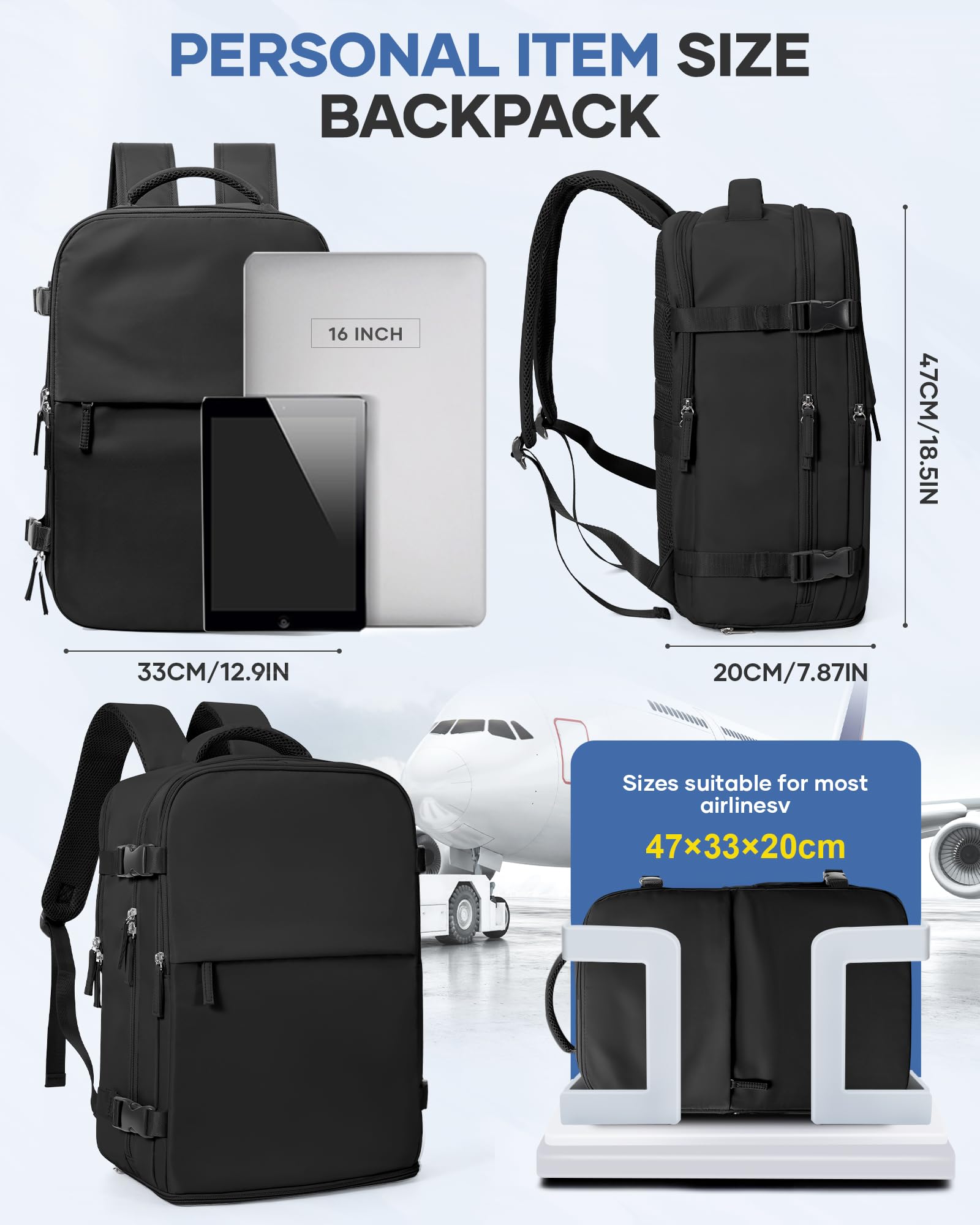 BJLFS Zaino da Viaggio con Sottovuoto Ryanair 40x30x20 Wizzair Bagaglio a mano 40x20x25 Ryanair con Pompa Borse da Cabina per Easyjet 45x36x20 con compressione sottovuoto,Zaino Casual per Laptop