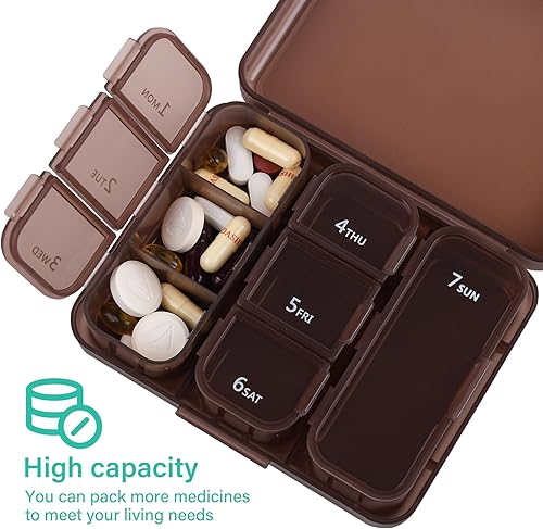 Miniatura 4 de Organizador de pastillas de viaje pequeño con 8 compartimentos de rejilla, caja portátil para medicamentos, organizador semanal diario de
