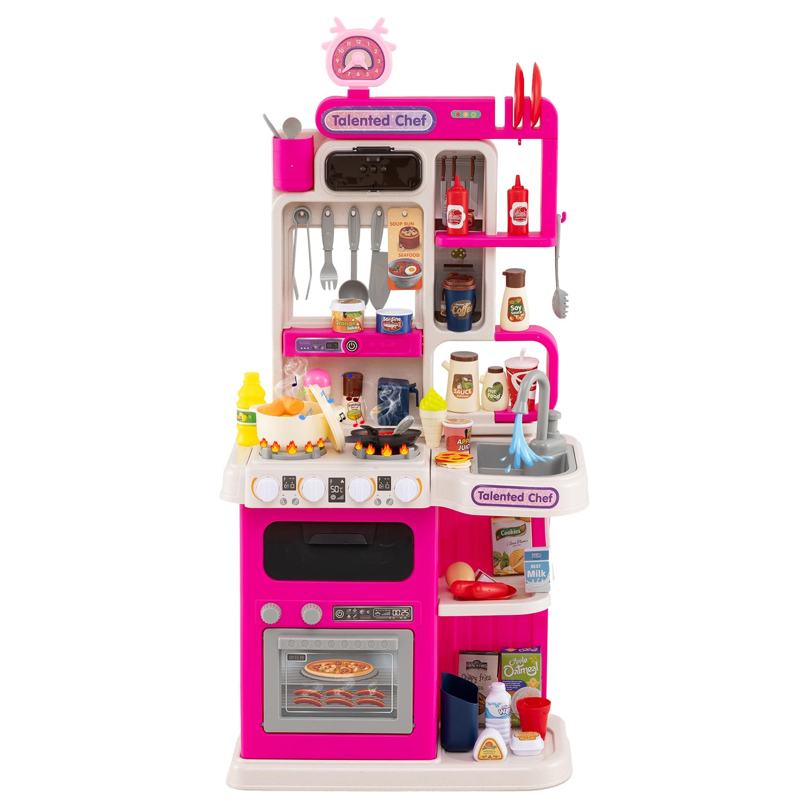 GYMAX Cucina Giocattolo per Bambini, Set Giochi da Cucina con Fornello, Frigorifero, Microonde, Lavello, Rubinetto, Acqua Vapore, Suono e Luce, Gioco di Ruolo con 95 Accessori (Rosa)