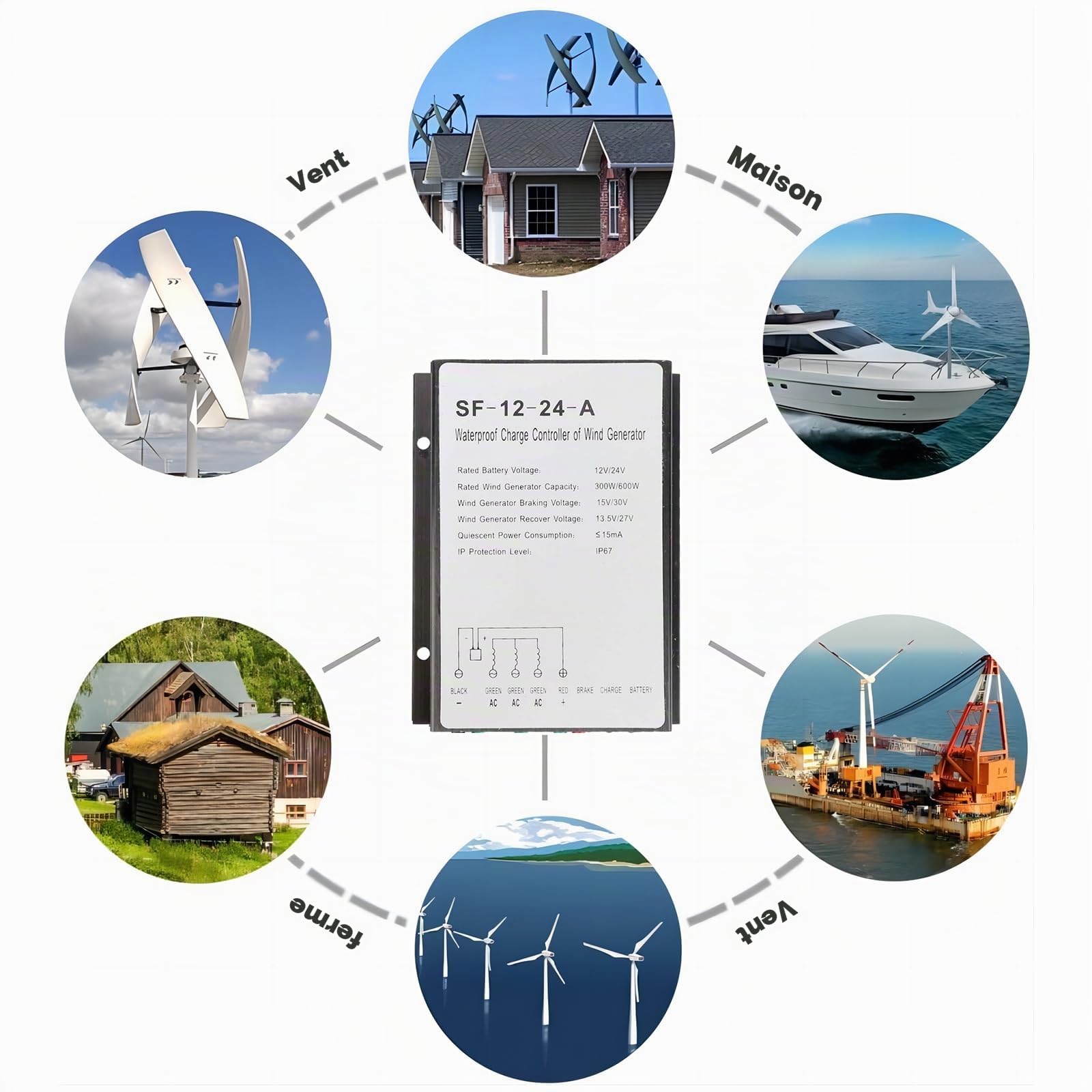 Contrôleur D'éolienne 12V/24V 300W/600W Contrôleur Charge Générateur D'éolienne éTanche Avec 3 Indicateurs LED Pour Petite Centrale Solaire, Lampadaire Solaire, énergie éolienne