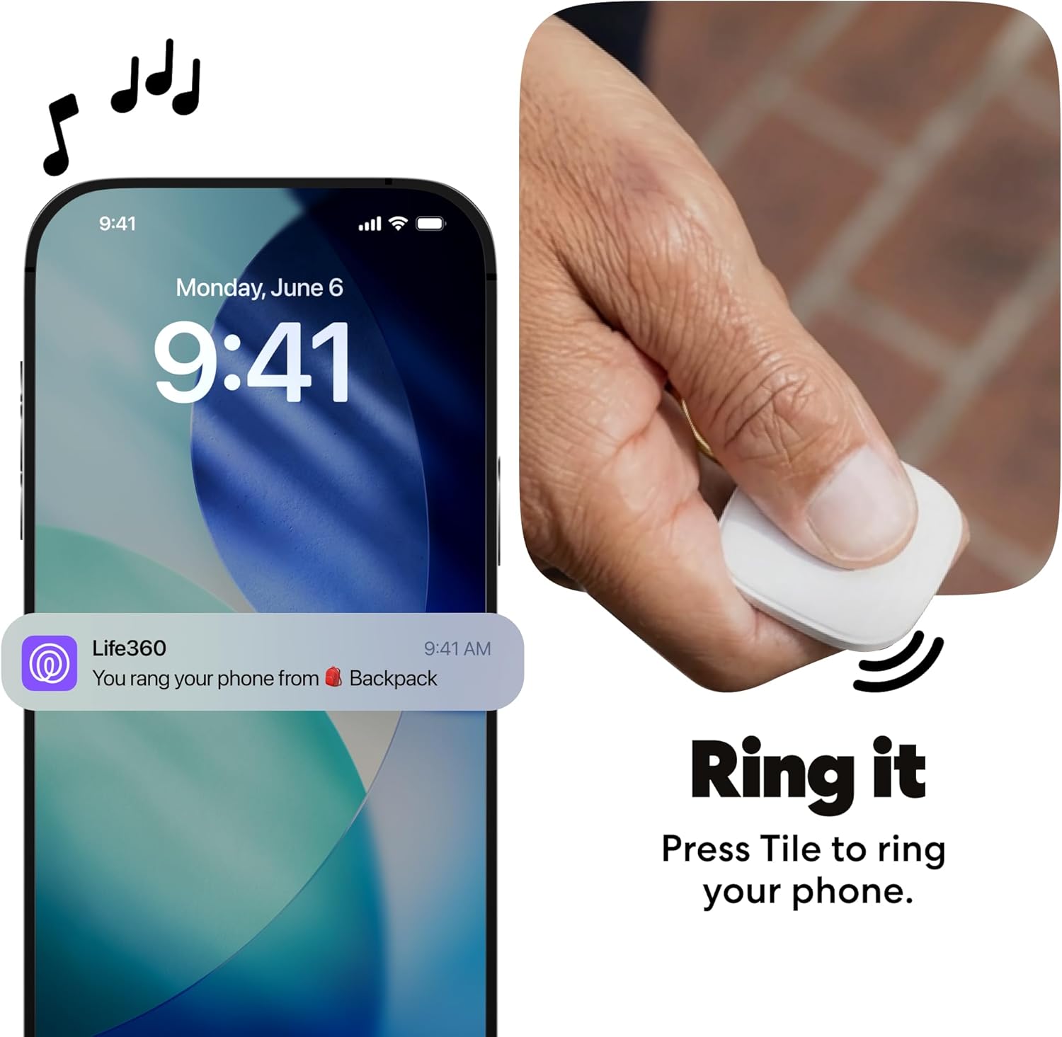 Hand double-pressing the Life360 Tile button to make a phone ring