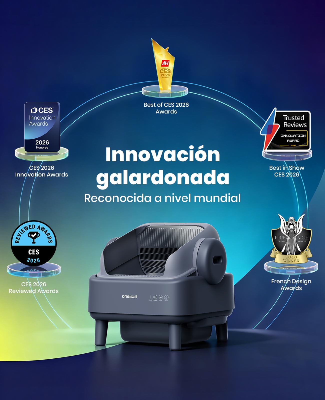 oneisall Arenero para gatos autolimpiante con sistema EaseClean™, arena autolimpiante para gatos XXL para gatos grandes, rejilla de acero inoxidable, modo automático y manual, incluye alfombrilla y 40