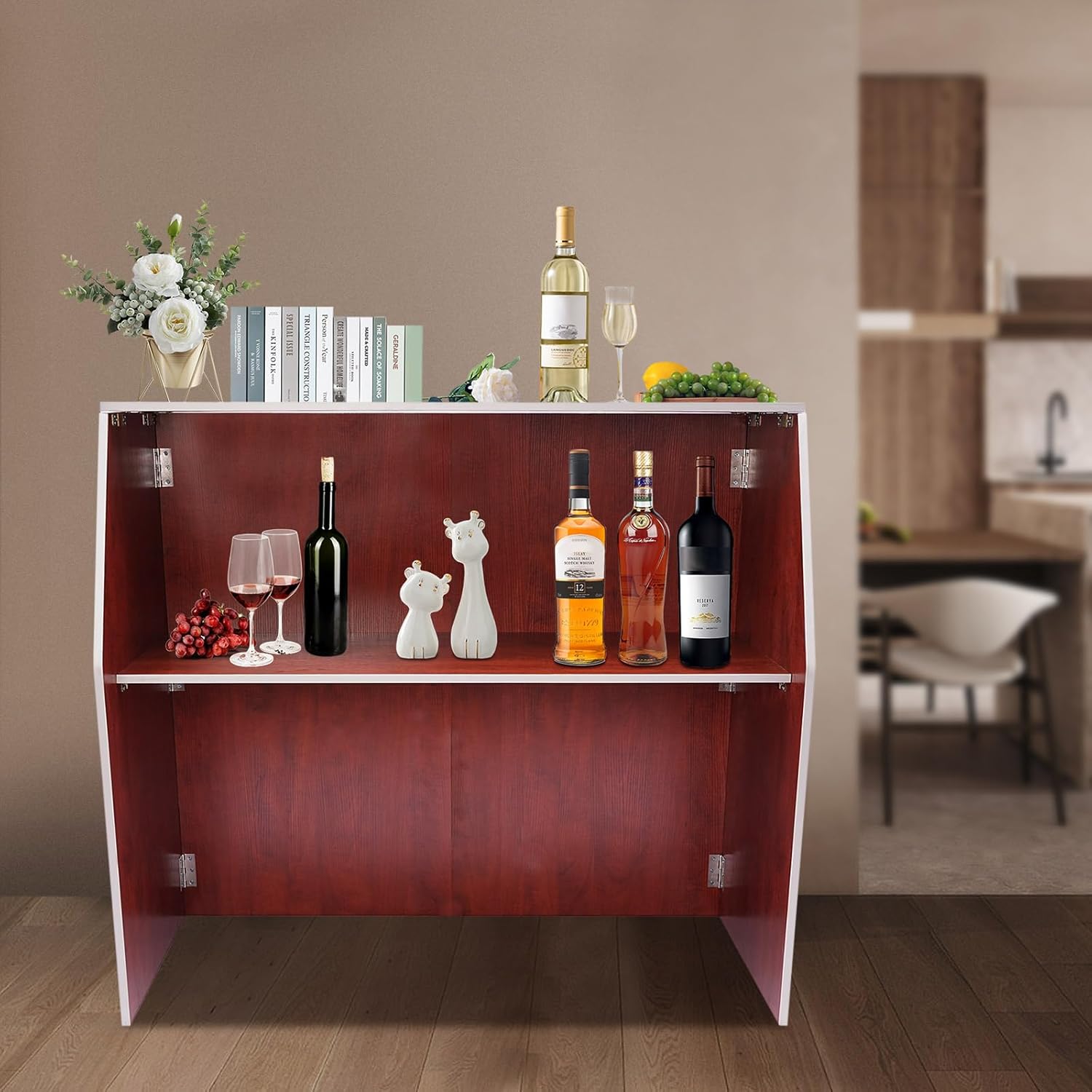 LOHISHILO Folding Portable Event Bar with Top and Middle Shelves, Mobile Laminate Foldable Bar for Parties, Events, Picnics, Barbecues, Catering, Beach/Outdoor Trade Shows, Brown