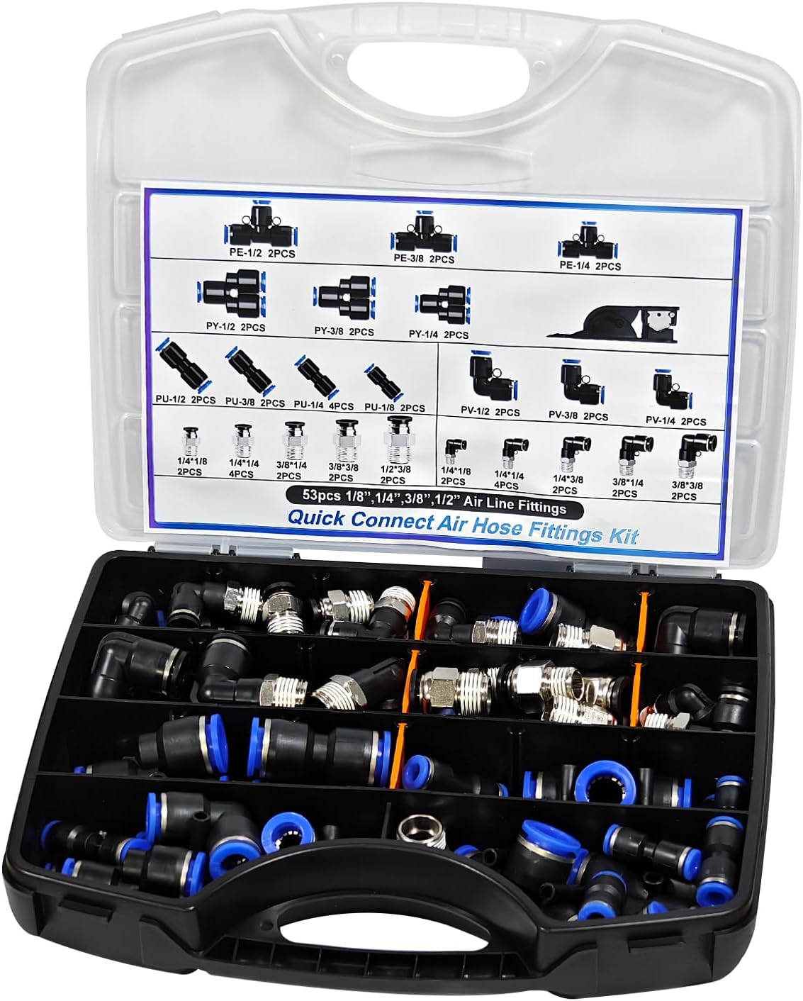 53PCS Quick Connect Air Hose Fittings Kit, 1/8" 1/4" 3/8" 1/2" Push To Connect Fittings with NPT Thread, Air Hose Fittings Pneumatic Kit for Automotive Industrial Workshops