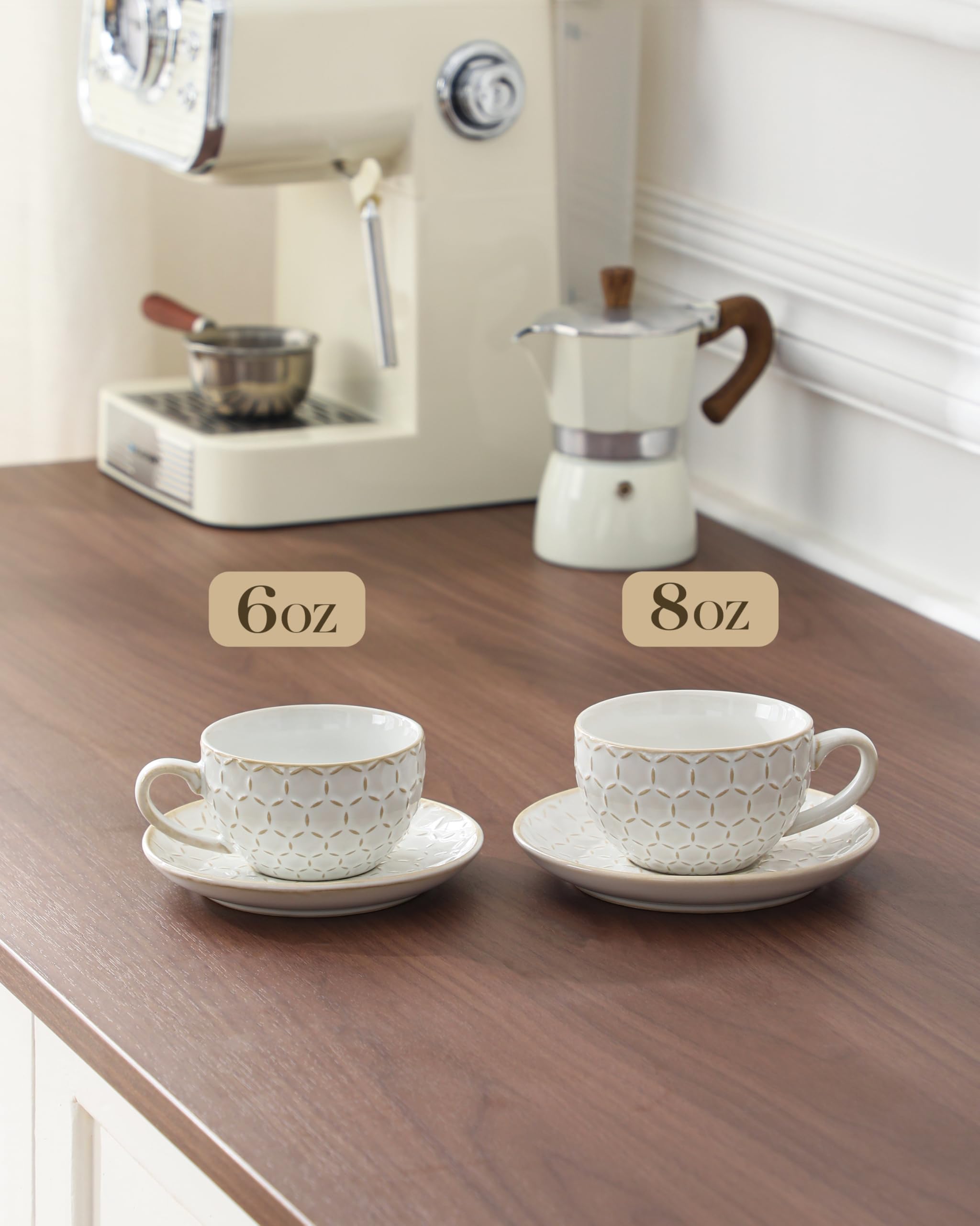 MALACASA Serie LYDIA, Set di 4 Tazze da Caffe per 4 Persone, 180 ml Set Tazzine Caffè Impilabile con Piattino, Ideale per Espresso, Cappuccino, Latte, Moka e Tè, Disegno in Rilievo