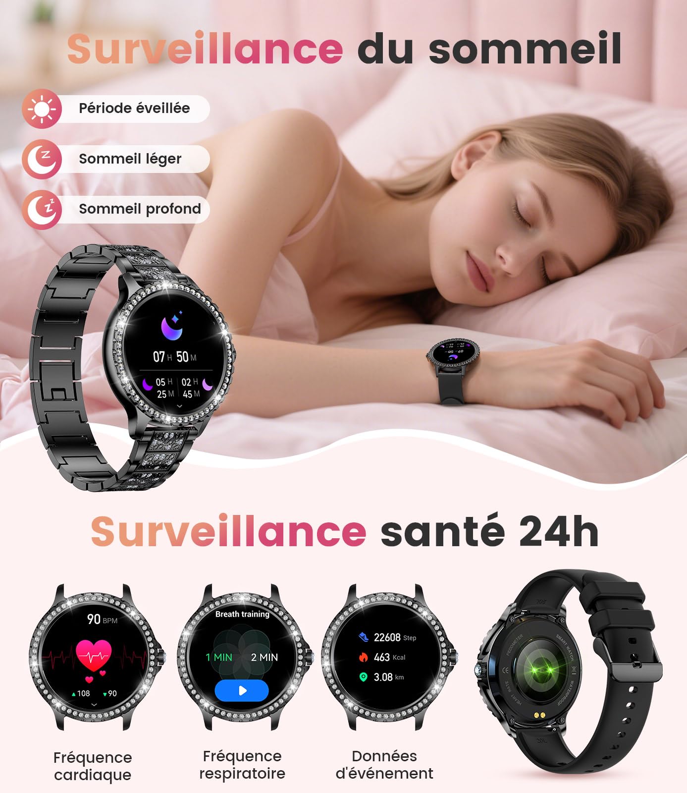 LIGE 1.32" HD Montre Connectée Femme avec Appel Bluetooth, Smartwatch IP68 avec Fonction Féminine/120+ Modes Sport/Fréquence Cardiaque/Sommeil/Cycle menstruel/Podomètre Calories pour Android iOS Noir