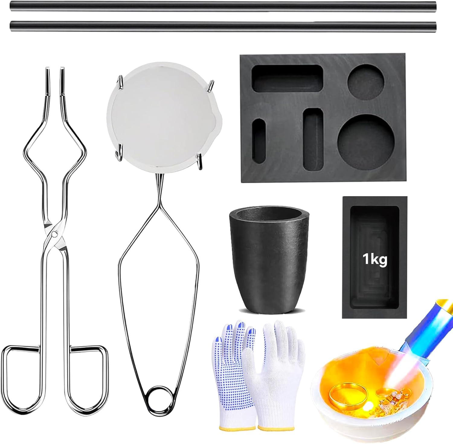 Luxiys 9 PCS Graphite Torch Melting Casting Kit, Including Graphite Casting Ingot Mould, Quartz Cup, 2 Crucible Stir Stick, Graphite Crucible, A Pair of Gloves, Suitable for Melting and Casting Gold