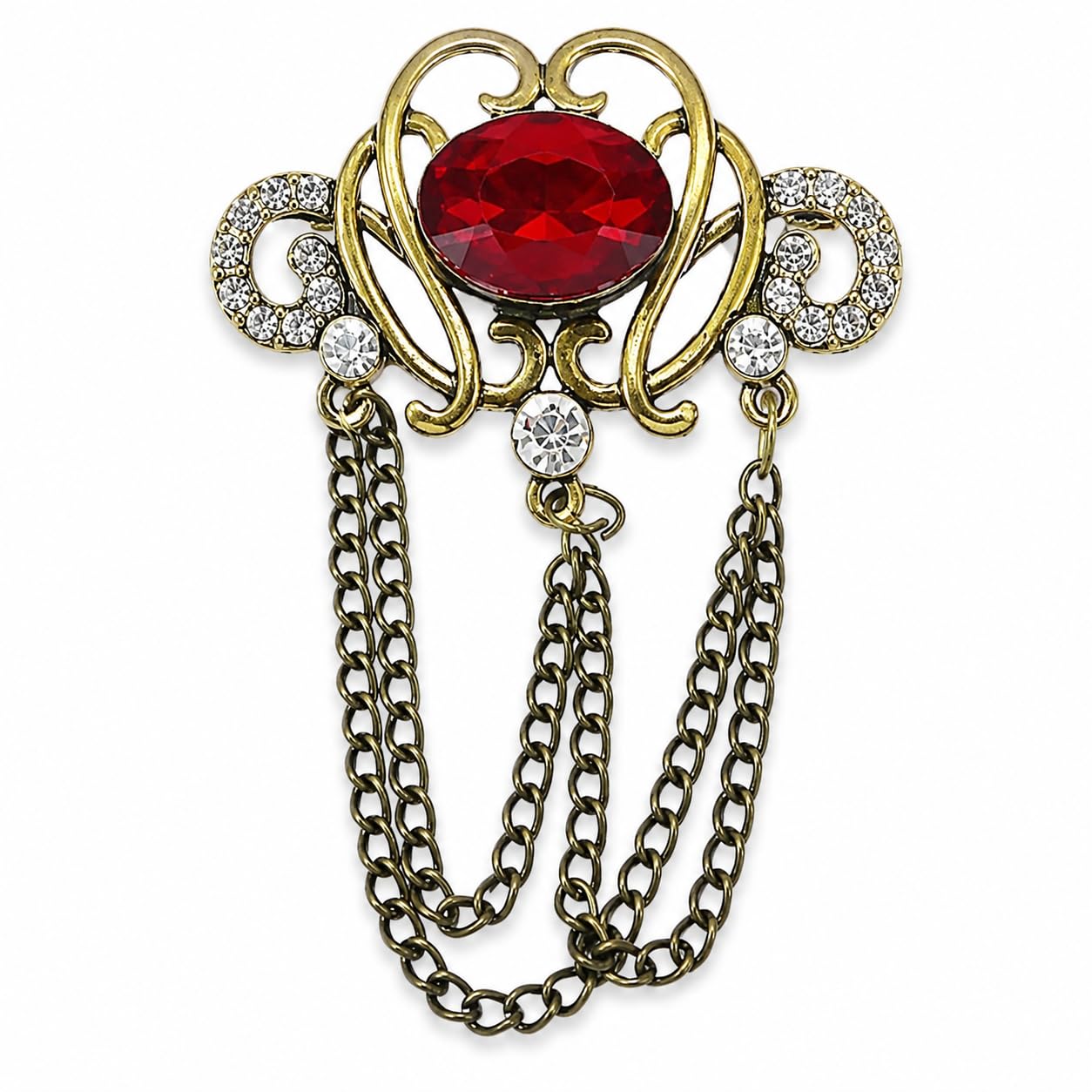 Mens Suit Red Rhinestone Crystal Wedding Label Pin With Hanging Chain Red Gold Brass Crystal Brooch For Men And Women-image-2