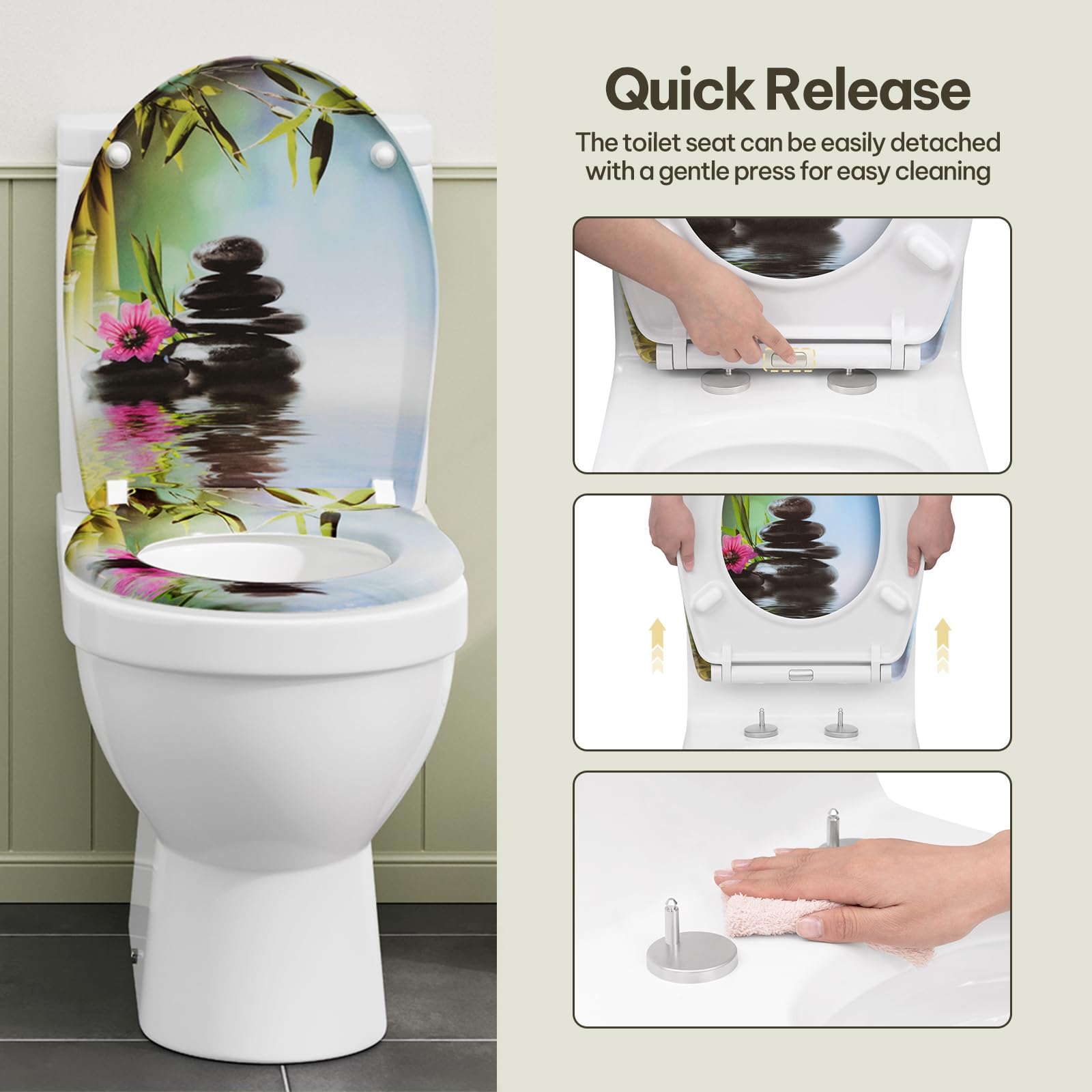 eSituro Abattant de Toilette, Siège WC en Forme de O à Fermeture Douce, Montage par le Haut, Déverrouillage Rapide, Charnières Réglables à 360°, en Duroplast, Pierres et fleurs