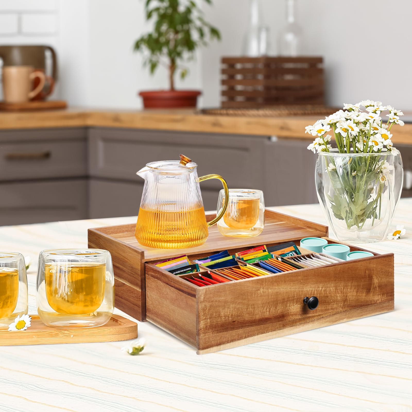 Organizador de bolsas de té de madera de acacia, organizadores de té y caja de almacenamiento, organizador de té para cajón de almacenamiento de bolsas de té, cajas de contenedor para encimera de