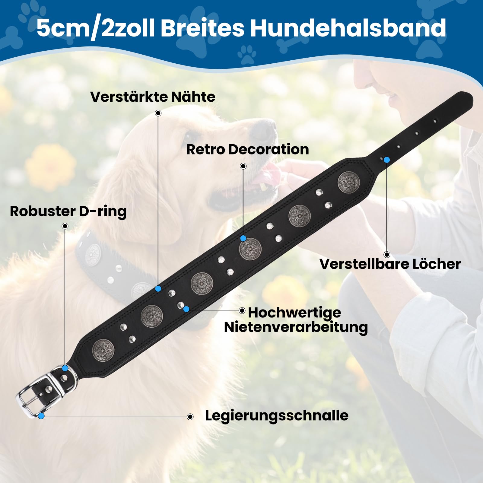 Lederhalsband Hund, 5cm Hundehalsband Leder Breit Robustes Echtes, Handgefertigt, Einstellbar Hunde Halsbänder Mit Metallschnalle, Halsband Hund Breit Für Große Und Mittelgroße Hunderassen L