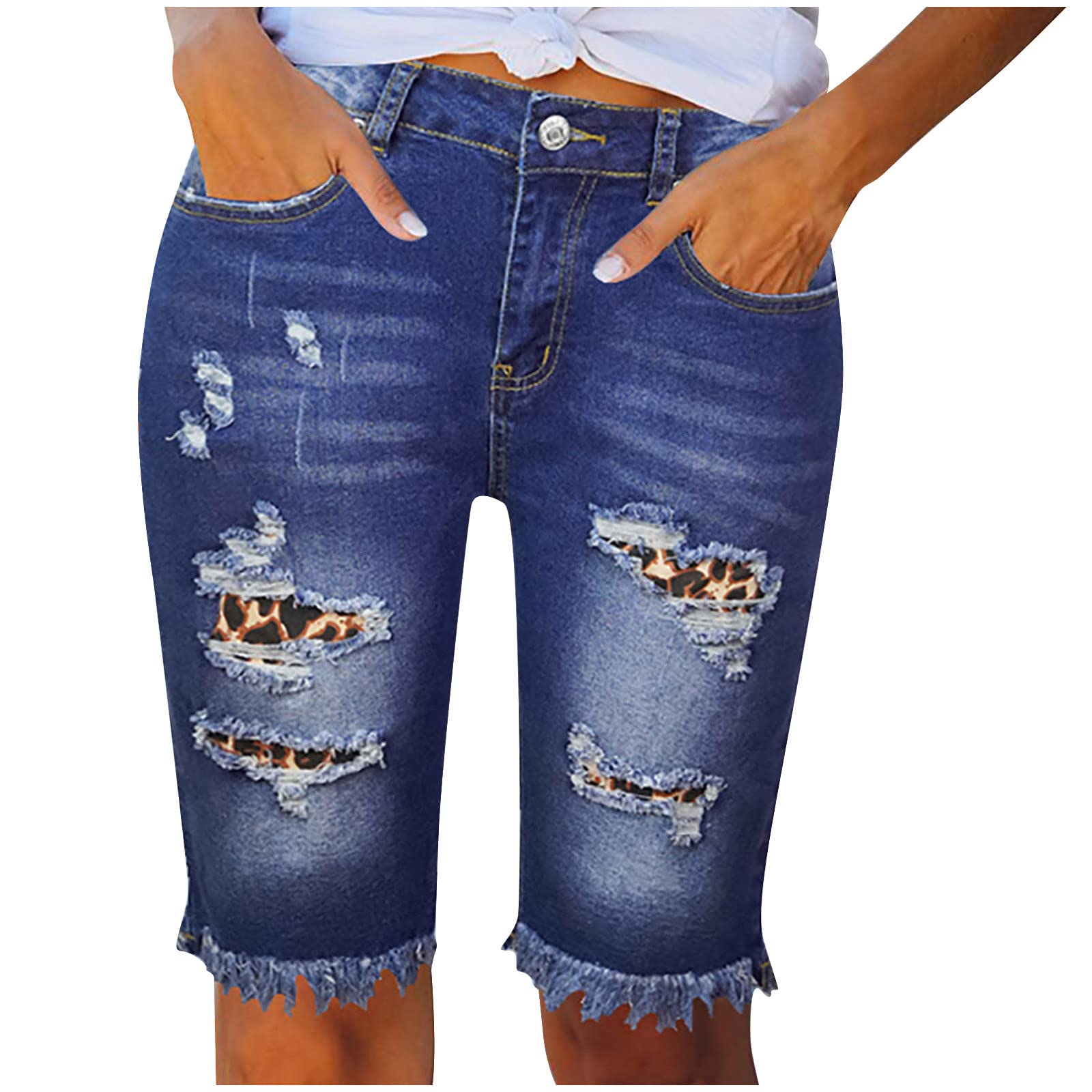 Zylphorix Women Distressed Washed Denim Jean Short Ripped Knee Lenght Denim Shorts Mid Waist Stretchy Frayed Jean Shorts (Large,Brown)