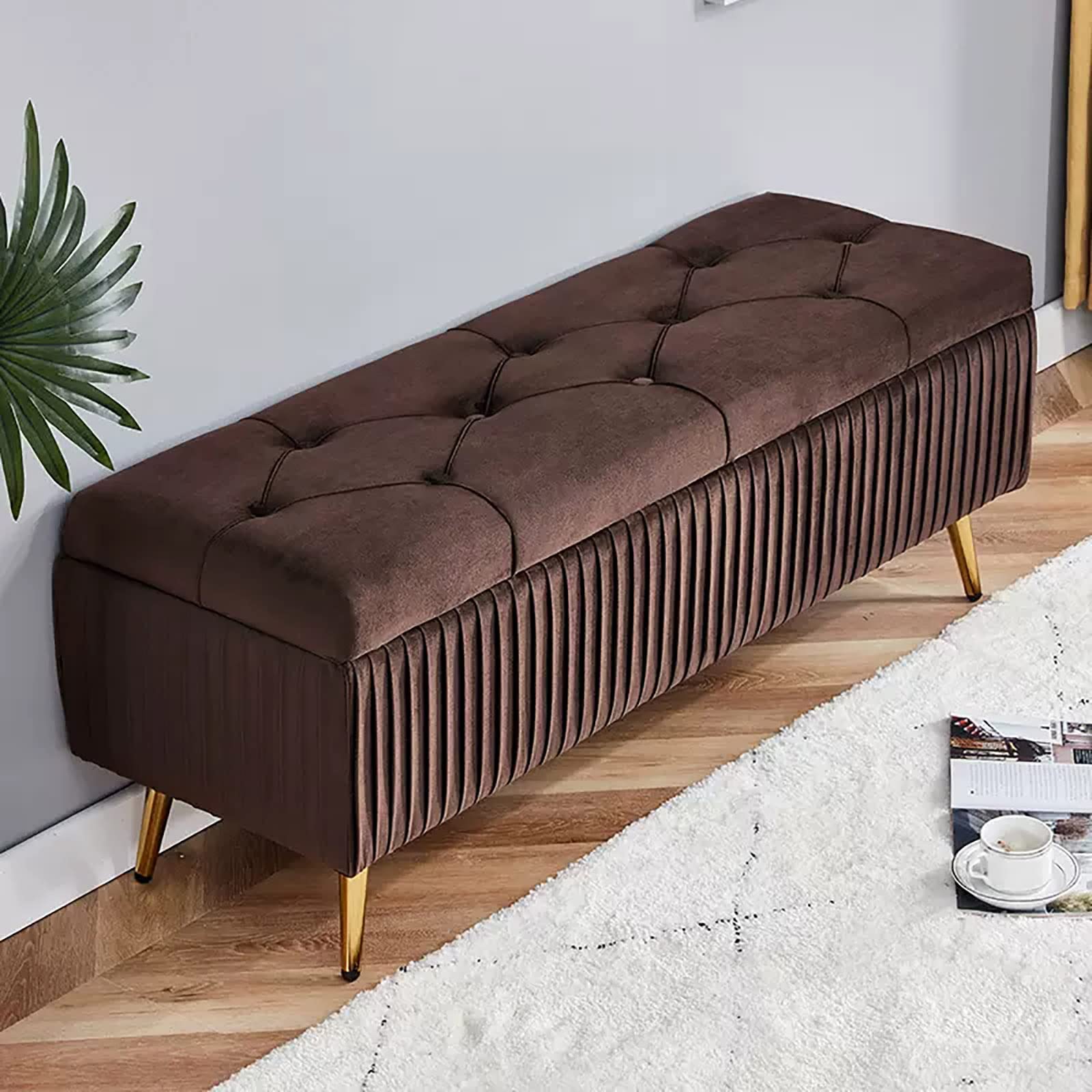 Modern Velvet Storage Ottoman Bench with Gold Legs - Upholstered Footrest Button-Tufted Design & Hidden Storage - Stylish Entryway & Bedroom Furniture (Coffee Color)