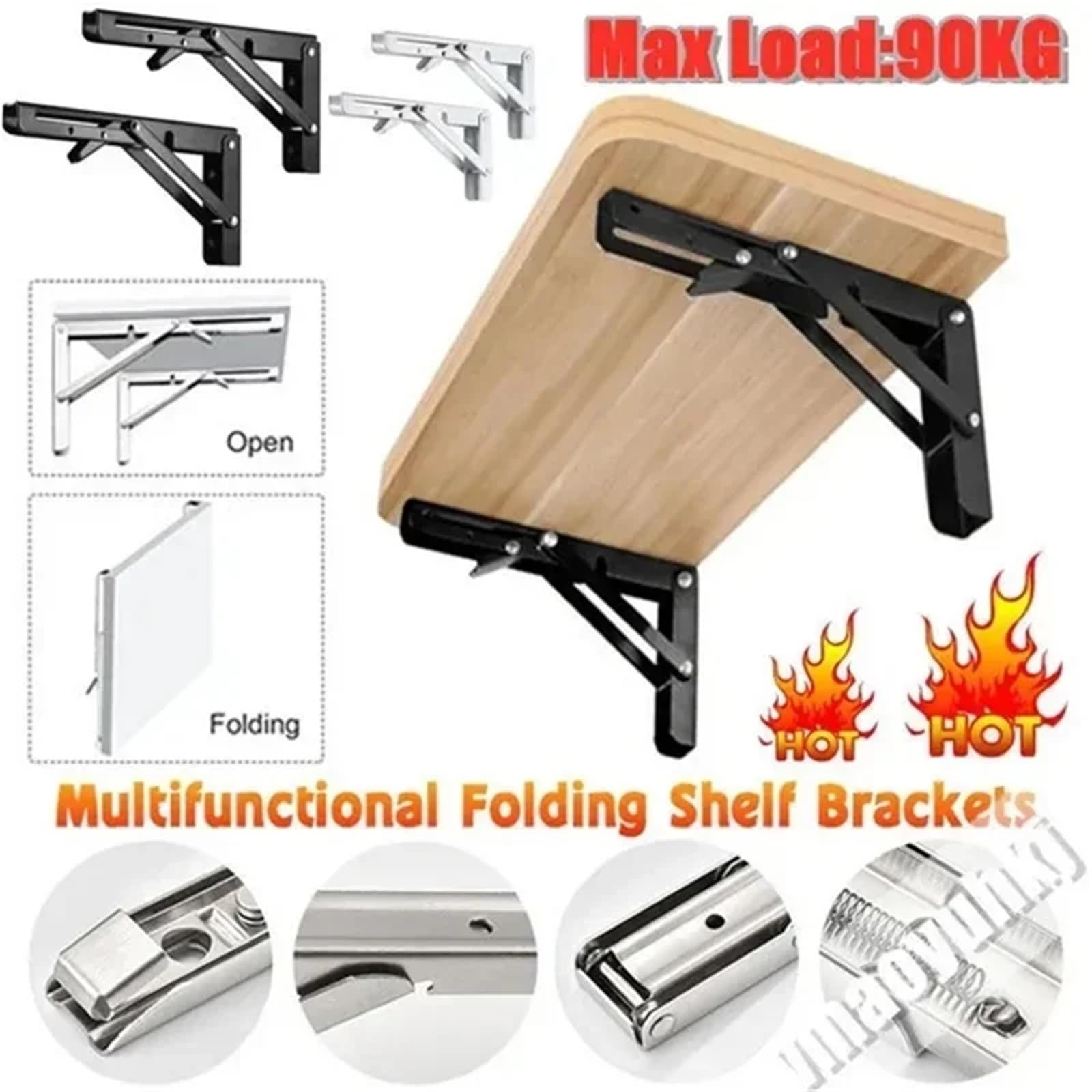 Escuadras Metalicas Estante de mesa de banco de pared ajustable con soporte pesado y ángulo plegable triangular de 2 piezas(Stainless 12inch)