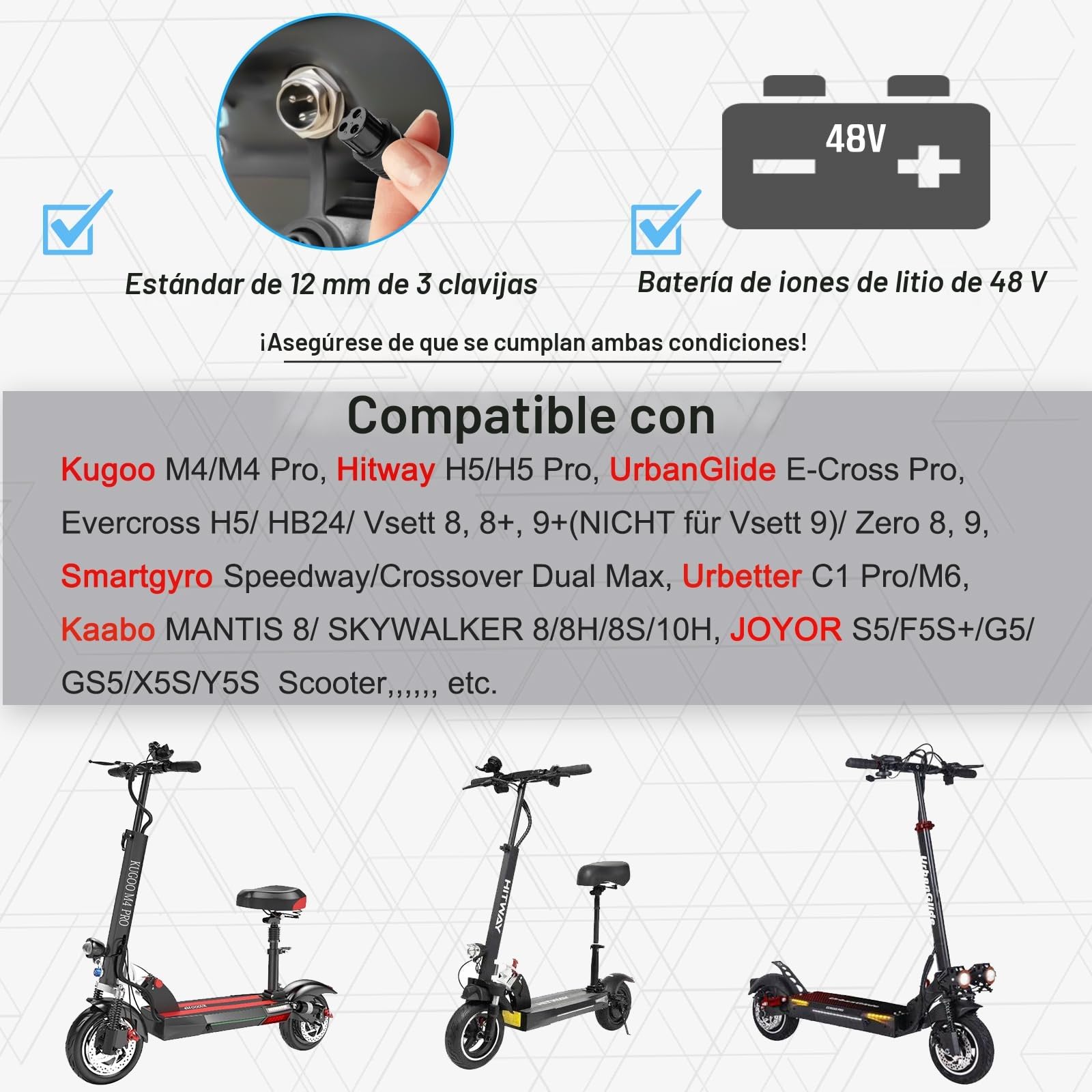 Mezelon 54,6 V 2 A Cargador Patinete Electrico para Smartgyro Speedway, Kugoo M4 / M4 Pro, Hitway H5/H5 Pro, UrbanGlide E-Cross Pro, JOYOR, DC Carga Rápida para 48V Batería Scooter Eléctrico