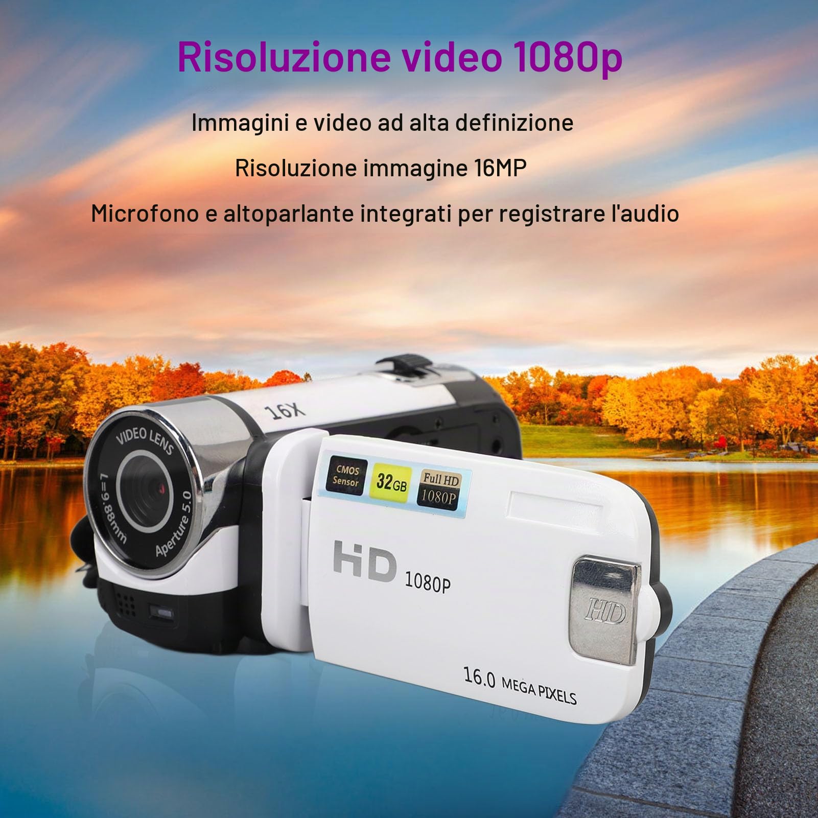 Bewinner Videocamera portatile Mini DV da 16 MP,Zoom digitale 16X,Fotocamera per foto 1080P con schermo LCD da 2,7 pollici, anti-vibrazione, selfie con timer e, Enchufe europeo 100-240 V