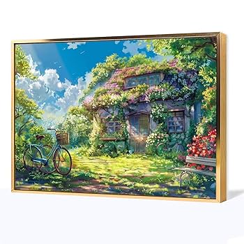 Amazon.co.jp: 絵画 花と緑の芝生に囲まれた家インテリア 絵画