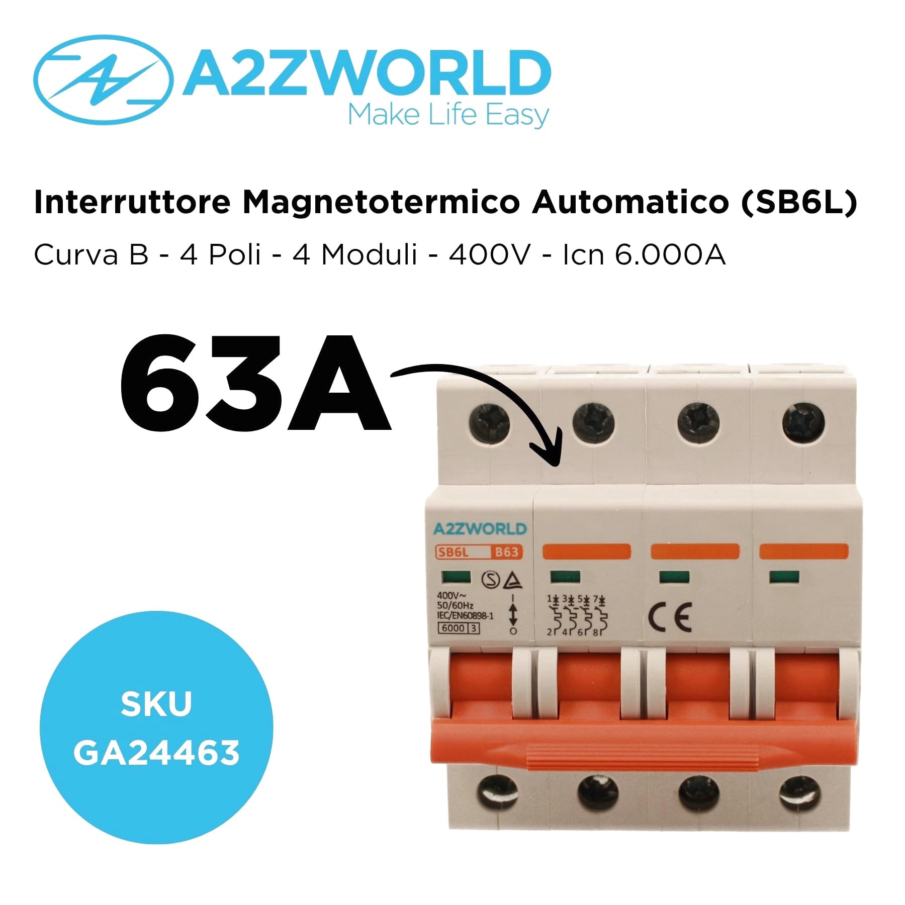 4 Stück Leitungsschutzschalter 63 A, MCB dreiphasig Kurve B 4P 6 KA, 380 V, 4 DIN-Modul