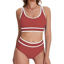 karrack Womens High Waisted Bikini Sets Sporty Two Piece Swimsuits Color Block Cheeky High Cut Bathing Suits