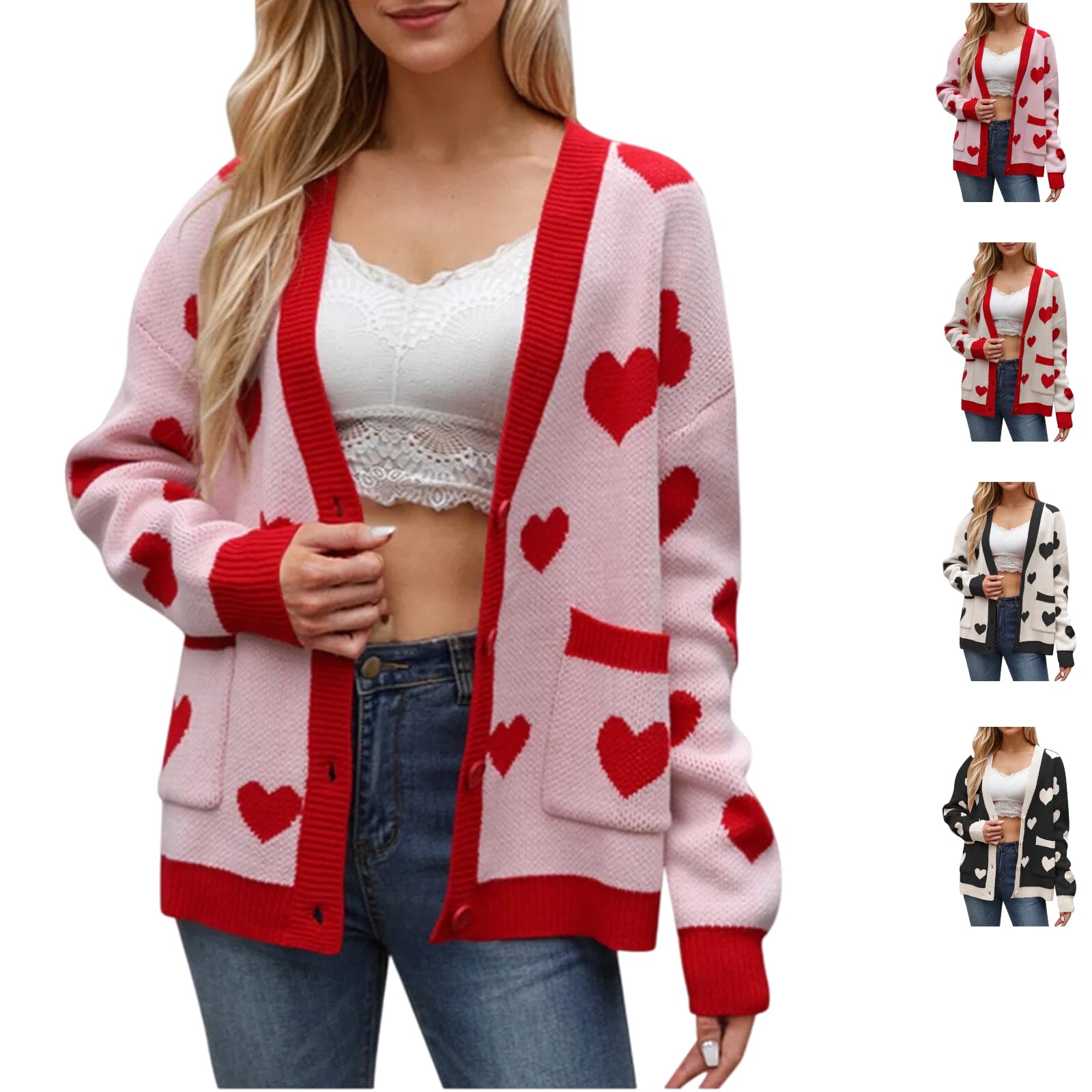 Heart Cardigan for Women Valentines Tops Button Long Sleeves Cute Sweater Valentine Day Outfit Plus Size Apparel Fashion