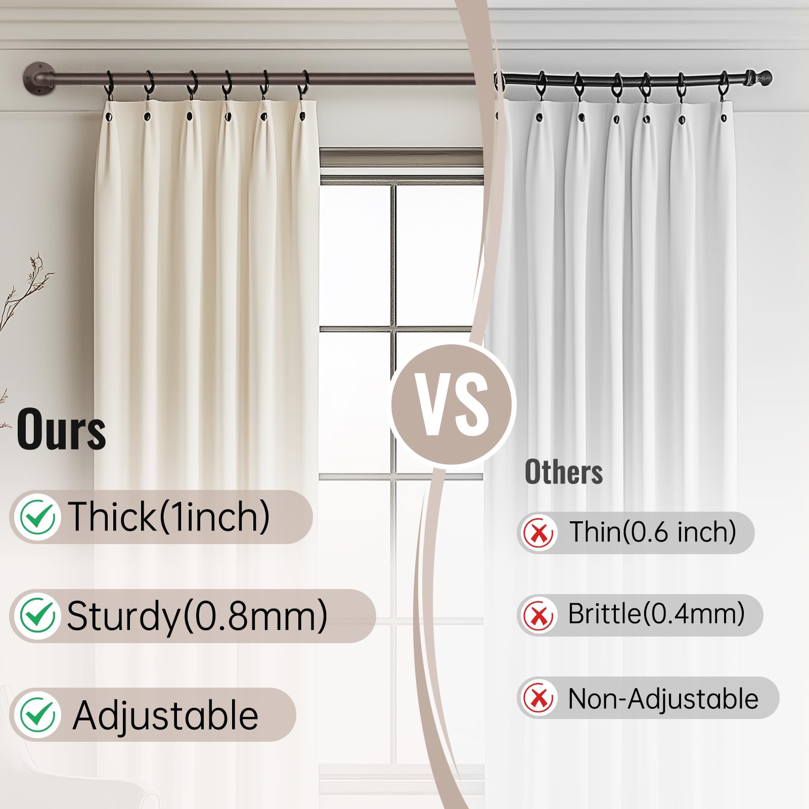 Bastoni per tende per tende con occhielli, aste per tende industriali da 80-305 cm, diametro 25 mm, aste per tende estensibili per interni/esterni, per camera da letto, soggiorno, ufficio