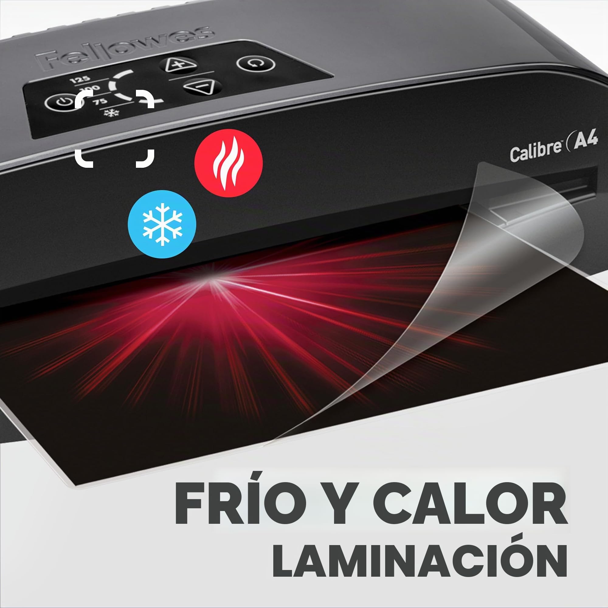 Fellowes Plastificadora A4 Calibre para pequeñas oficinas, 1 minuto de calentamiento con apagado automático y modo de reposo - 80-125 micras, Incluye 10 fundas de plastificación A4, Negro