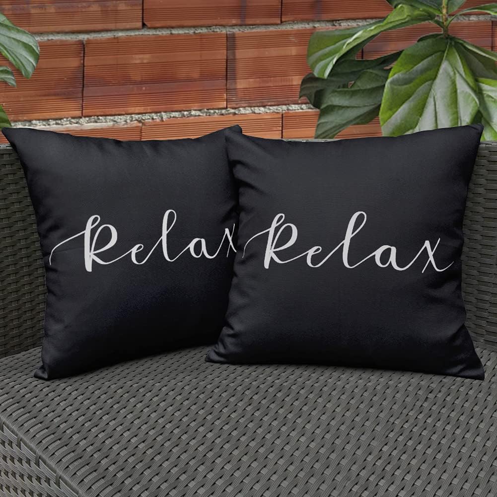 KRINGSIA Pack of 2, Relax Outdooor Waterproof Throw Pillow Covers, Square Decorative Garden Cushion Case with Quotes & Sayings for Patio Tent Couch (18x18 inch,Black)