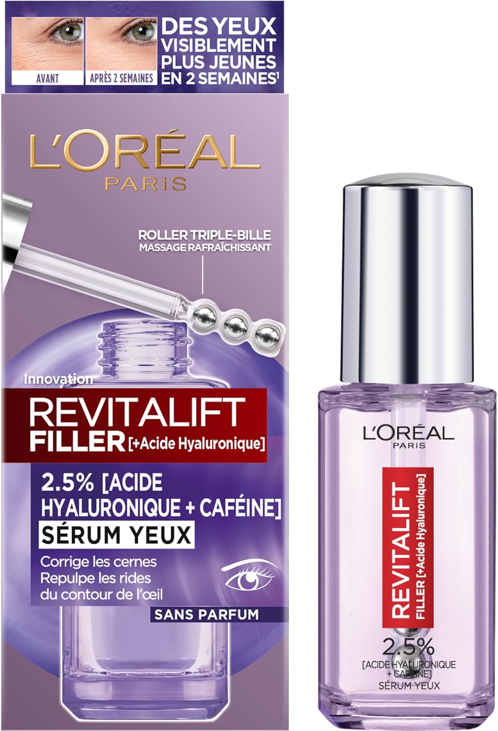 L’Oréal Paris Contour des Eye Serum, anti-rimpel, zakken en anti-rimpel, met zuiver hyaluronzuur en cafeïne, innovatieve drievoudige tip, Revitalift Filler, 20 ml