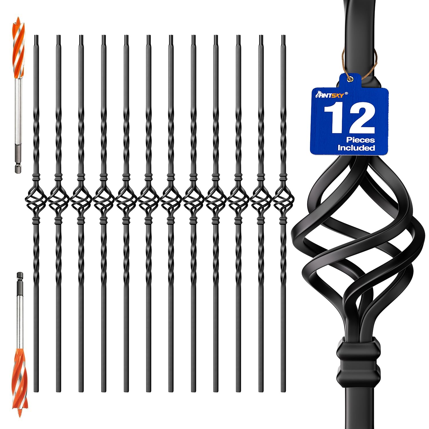 Wrought Iron Hollow Balusters - Deck Spindles Stair Railing Indoor,Stair Single Basket Hollow Iron Baluster Stair spindles, for Staircase Interior, Includes 2 Drill Bits for Wood(12 Pack Black) 1/2" Single Basket Black