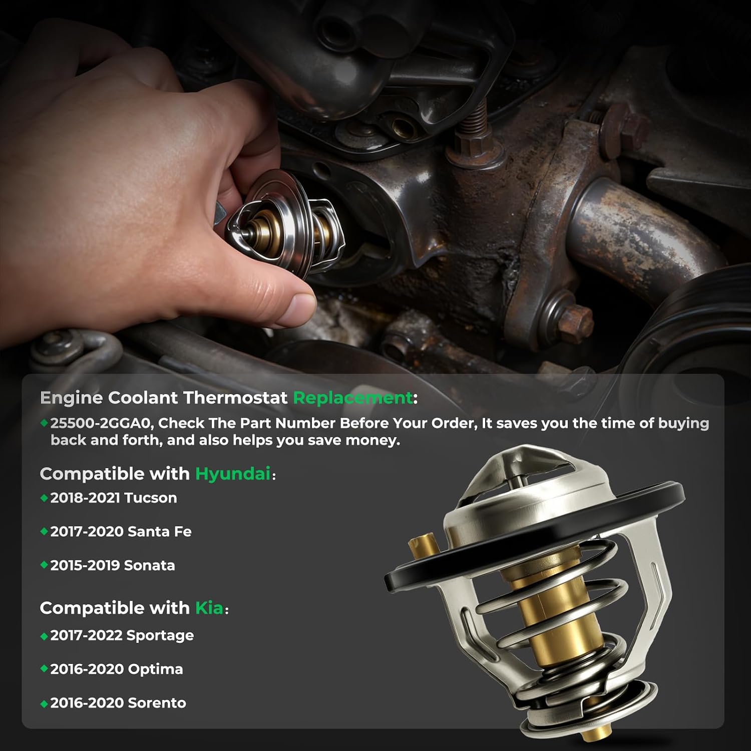 Thermostat for Hyundai Kia, 2018-2021 Tucson, 2015-2019 Sonata, 2017-2020 Santa Fe, 2017-2022 Sportage, 2016-2020 Optima, 2016-2020 Sorento, 25500-2GGA0, 255002GGA0, 2016 2017 2018 2019 2020 2021 2022