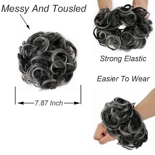 Miniatura 10 de Elaine Extensiones de moño grande desordenadas para mujer, extensiones de cabello rizado sintético ondulado, grande, coleteros gruesos para cola de