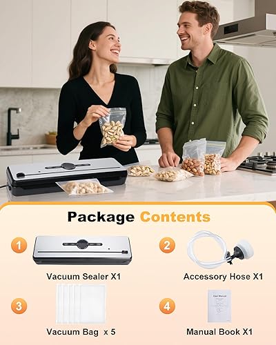 Miniatura 7 de Máquina selladora al vacío para guardar alimentos, sellador al vacío para alimentos con 7 modos, cortador integrado, indicador LED, incluye 5 bolsas