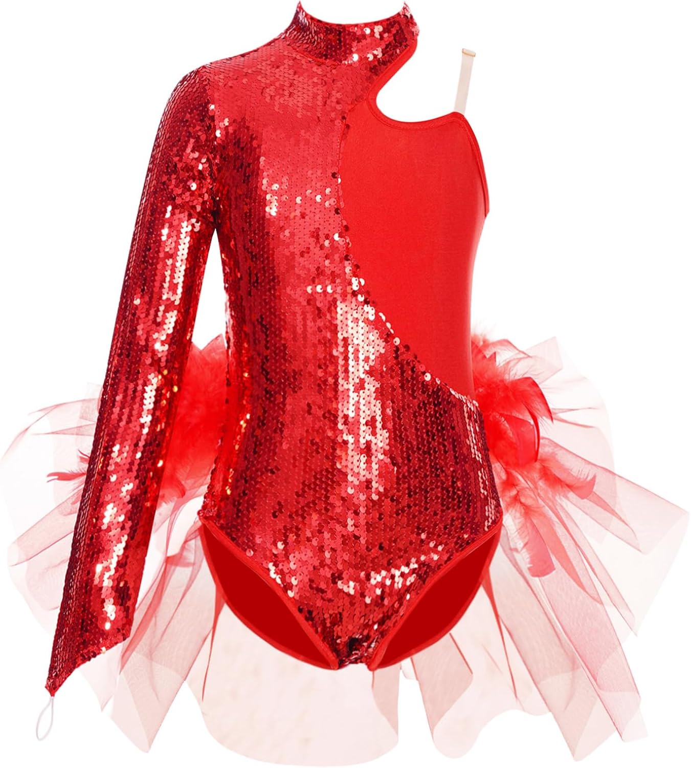 Hularka Kids Girls Sequins Single Long Sleeve Oblique Shoulder Sequins Splice Mesh Dance Leotard Tutu Dress Dancewear