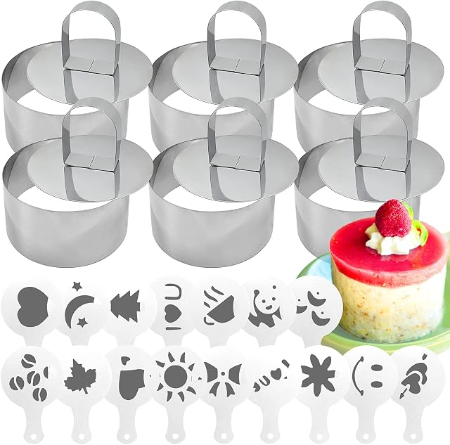 Daily Treasures 6 Pack Cooking Ring Set,Stainless Steel Cake Rings with Pusher + 16 Pieces Printing Molds Stencils,Mini Round Cake Molds for Cooking Crumpets Eggs Pastry Mousse Desserts