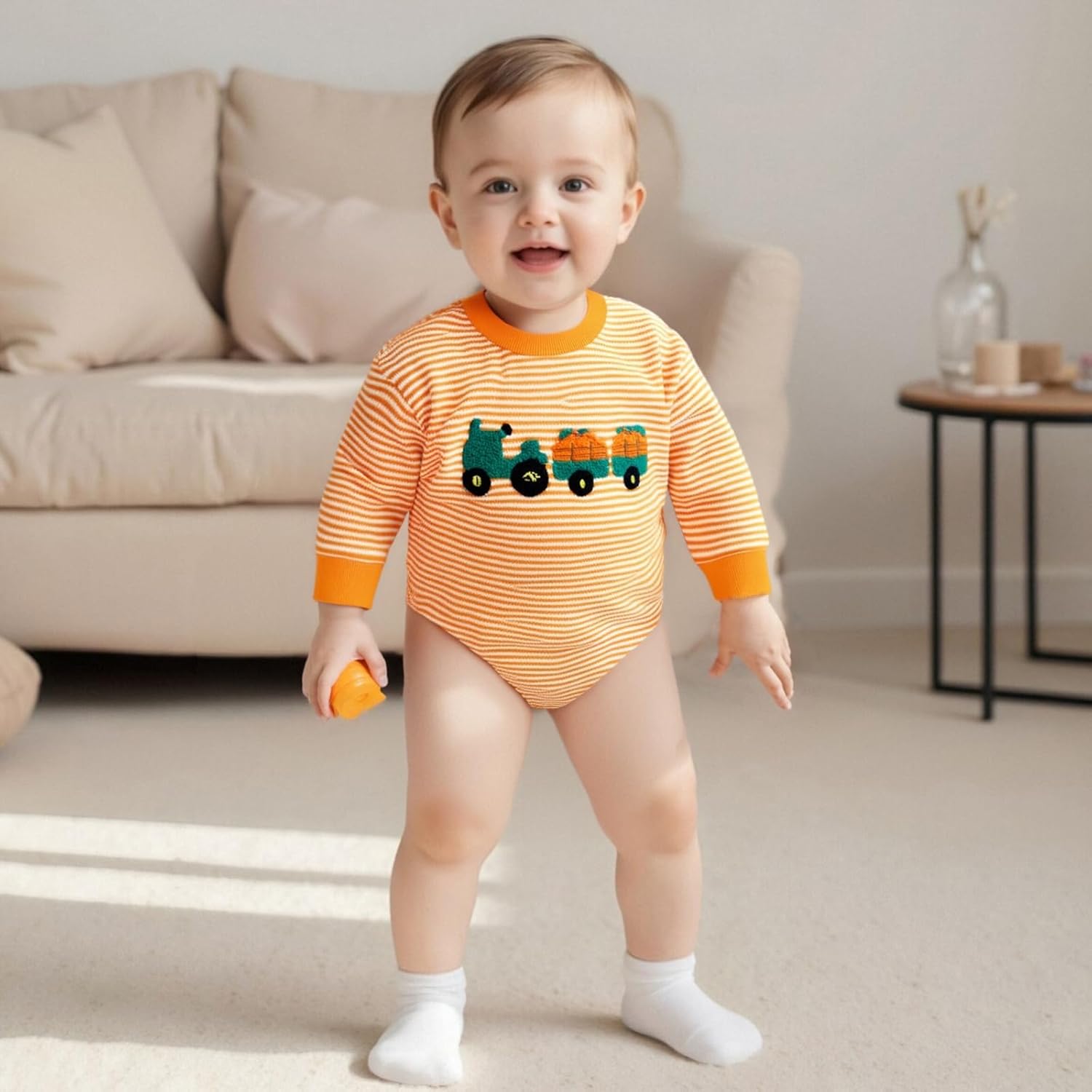 Newborn Baby Boy Halloween Outfit Pumpkin Tractor Embroidery Striped Bubble Romper Long Sleeve Waffle Knit Bodysuit - Image 3